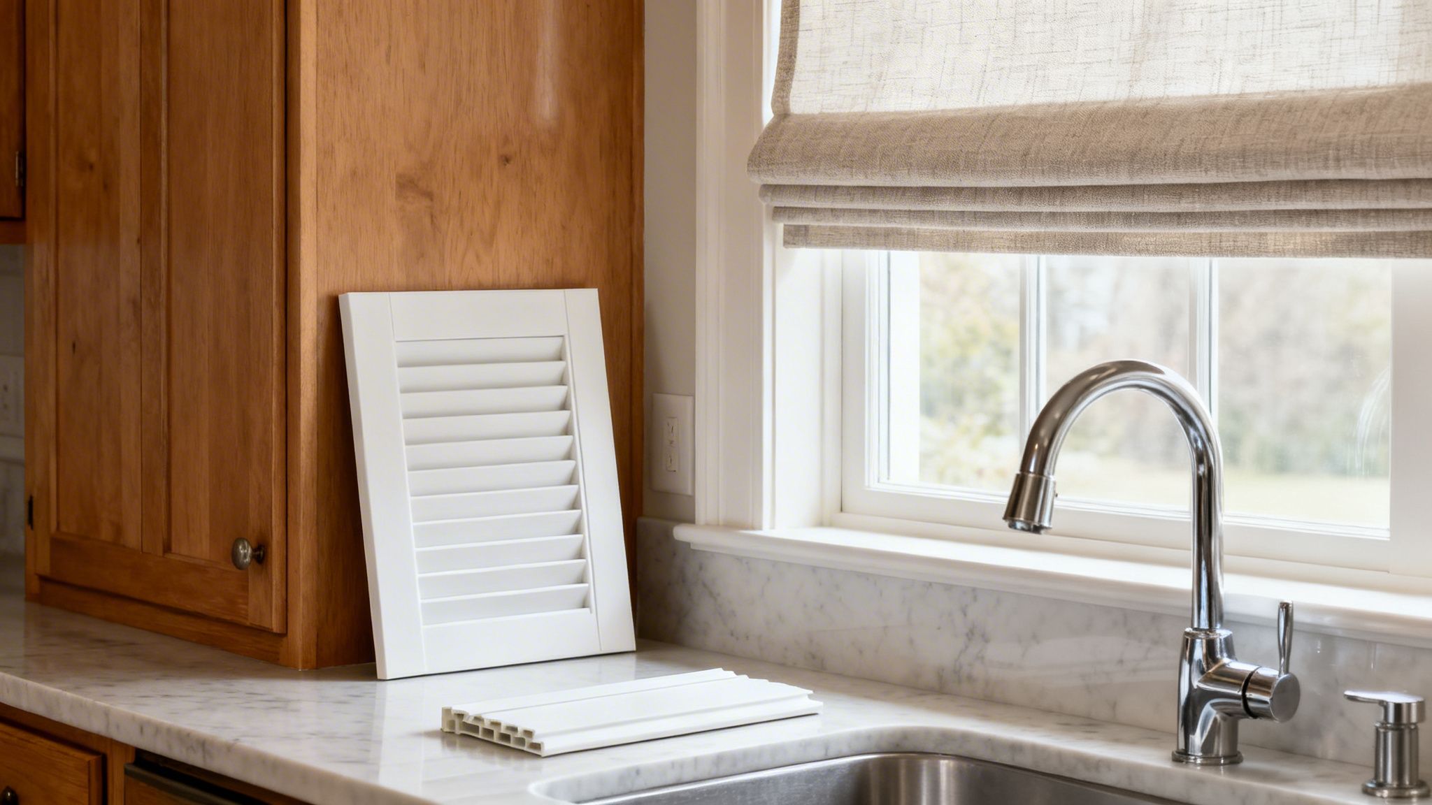 modern kitchen with white marble countertop, stainless steel sink, roman shade, and white shutter sample.