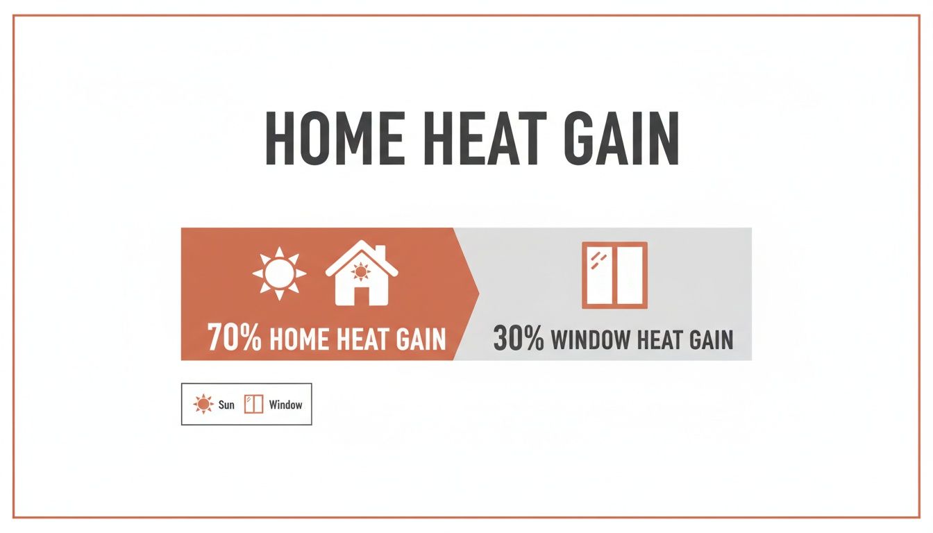 infographic showing that 70% of home heat gain is general, while 30% comes from windows.
