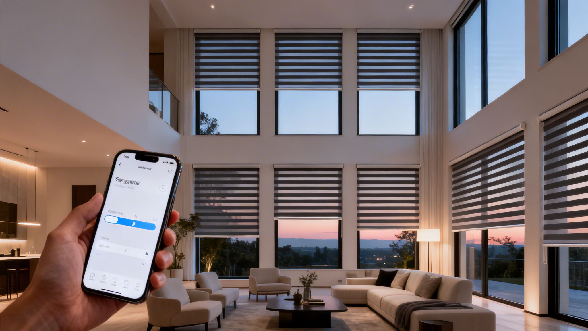 a hand holds a smartphone, controlling smart zebra shades on large windows in a modern living room at dusk.