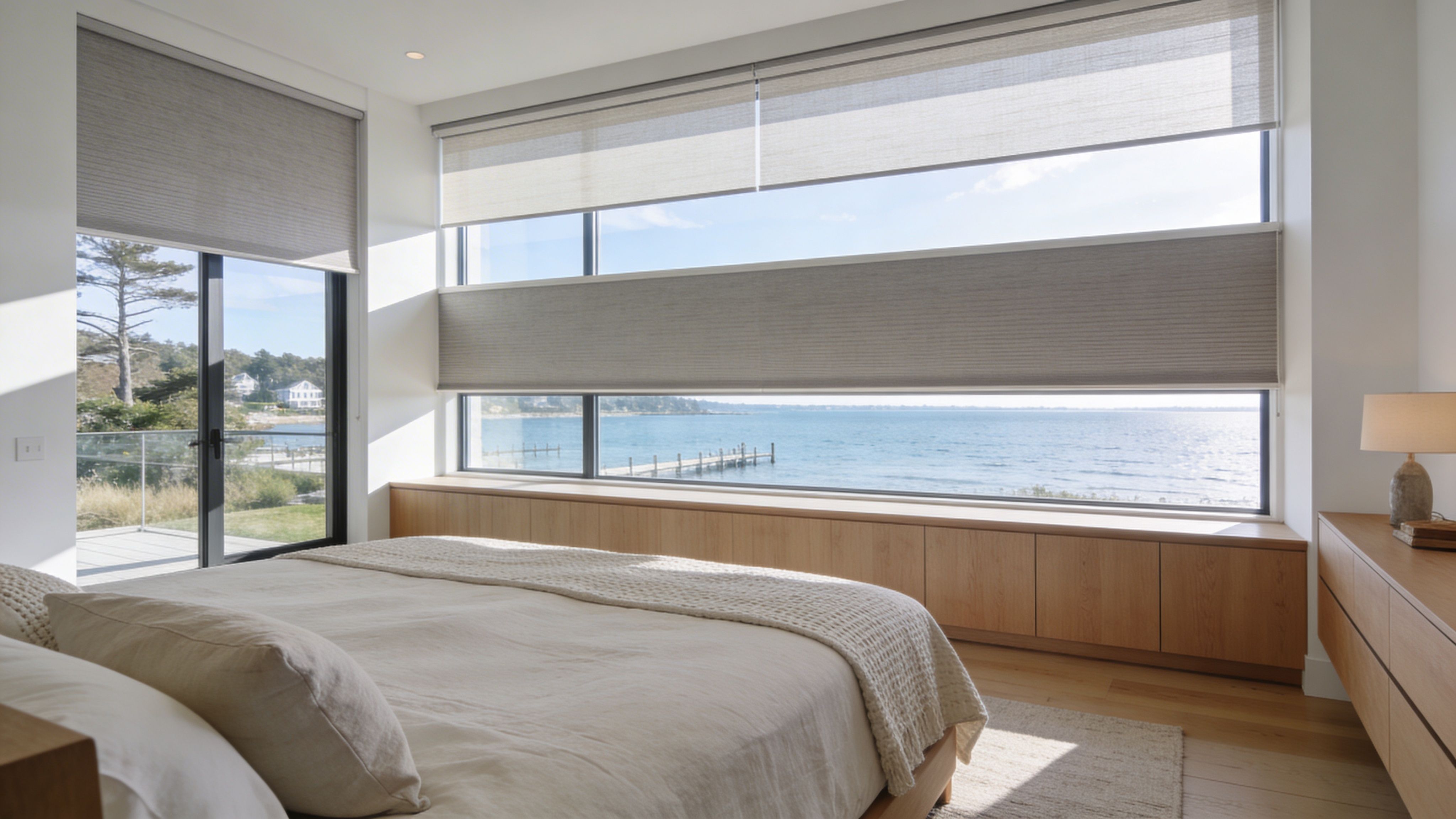 Westchester Window Fashions | Top Down Bottom Up Control: Ultimate Light & Privacy a minimalist bedroom featuring top-down bottom-up shades over large windows with a scenic ocean view.