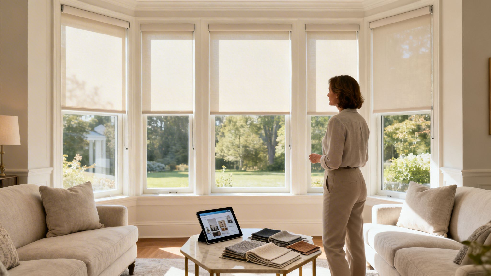 woman stands by bay window with neutral roller shades, viewing fabric samples and tablet.