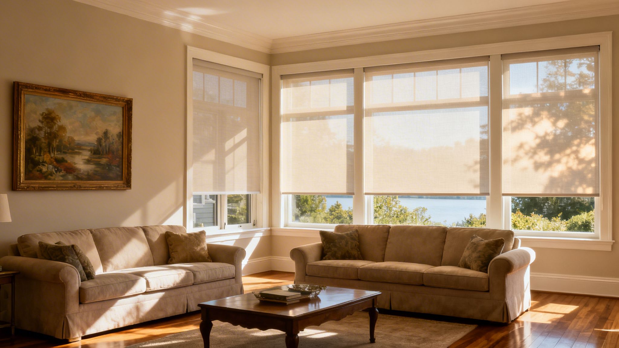Westchester Window Fashions | The Best Blinds for Your Westchester Living Room: A 2026 Design Guide a sunlit living room with two beige sofas, a coffee table, and windows with light roller blinds overlooking a lake.