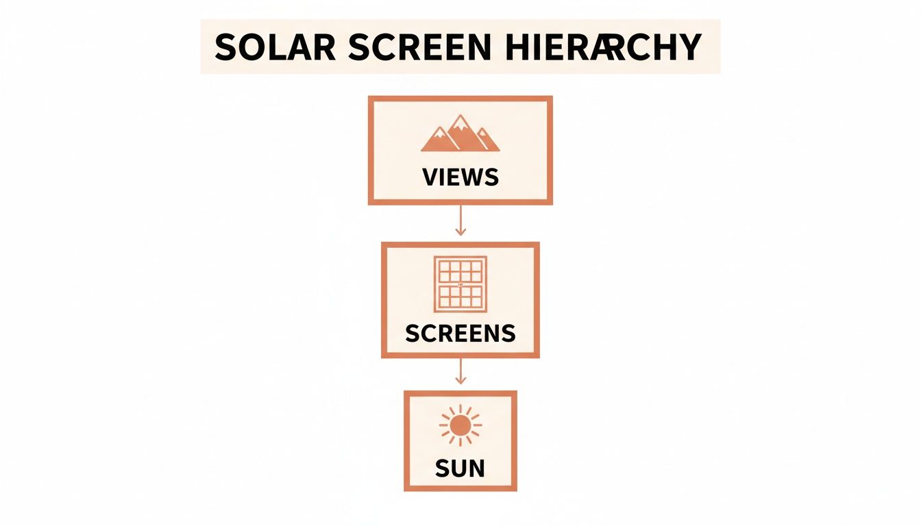 a flowchart titled 'solar screen hierarchy' showing three levels: views, screens, and sun, in a vertical flow.