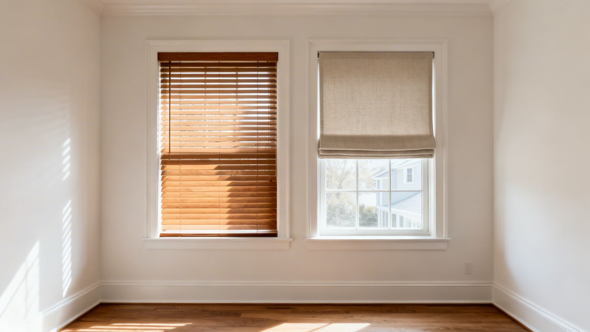 a room with two windows, one featuring wooden blinds and the other a beige fabric shade, illuminated by sunlight.