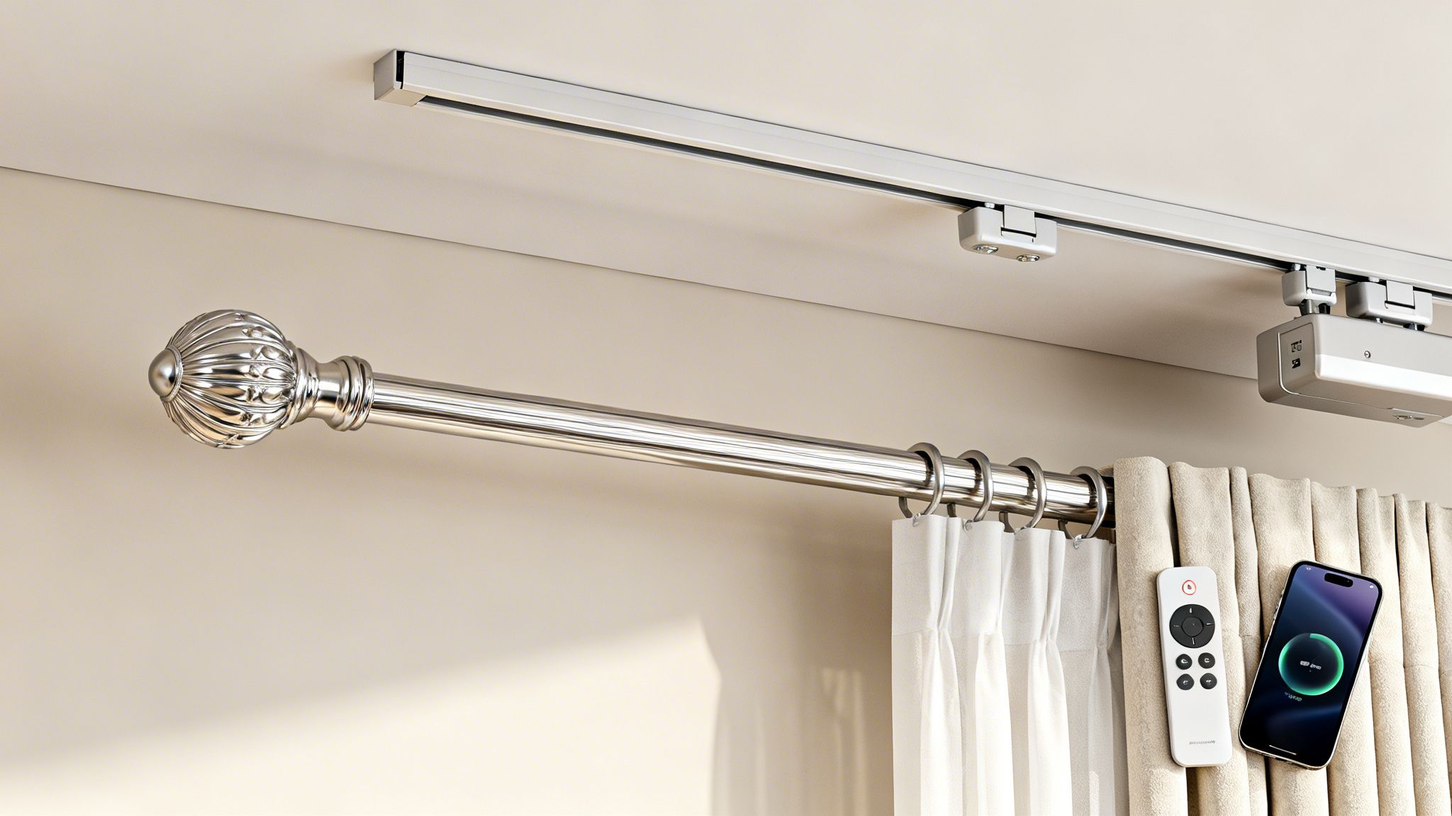Westchester Window Fashions | The Enduring Elegance of Pinch Pleated Curtains in Westchester Homes automated pinch pleated curtains with a chrome rod, remote, and charging smartphone on display.