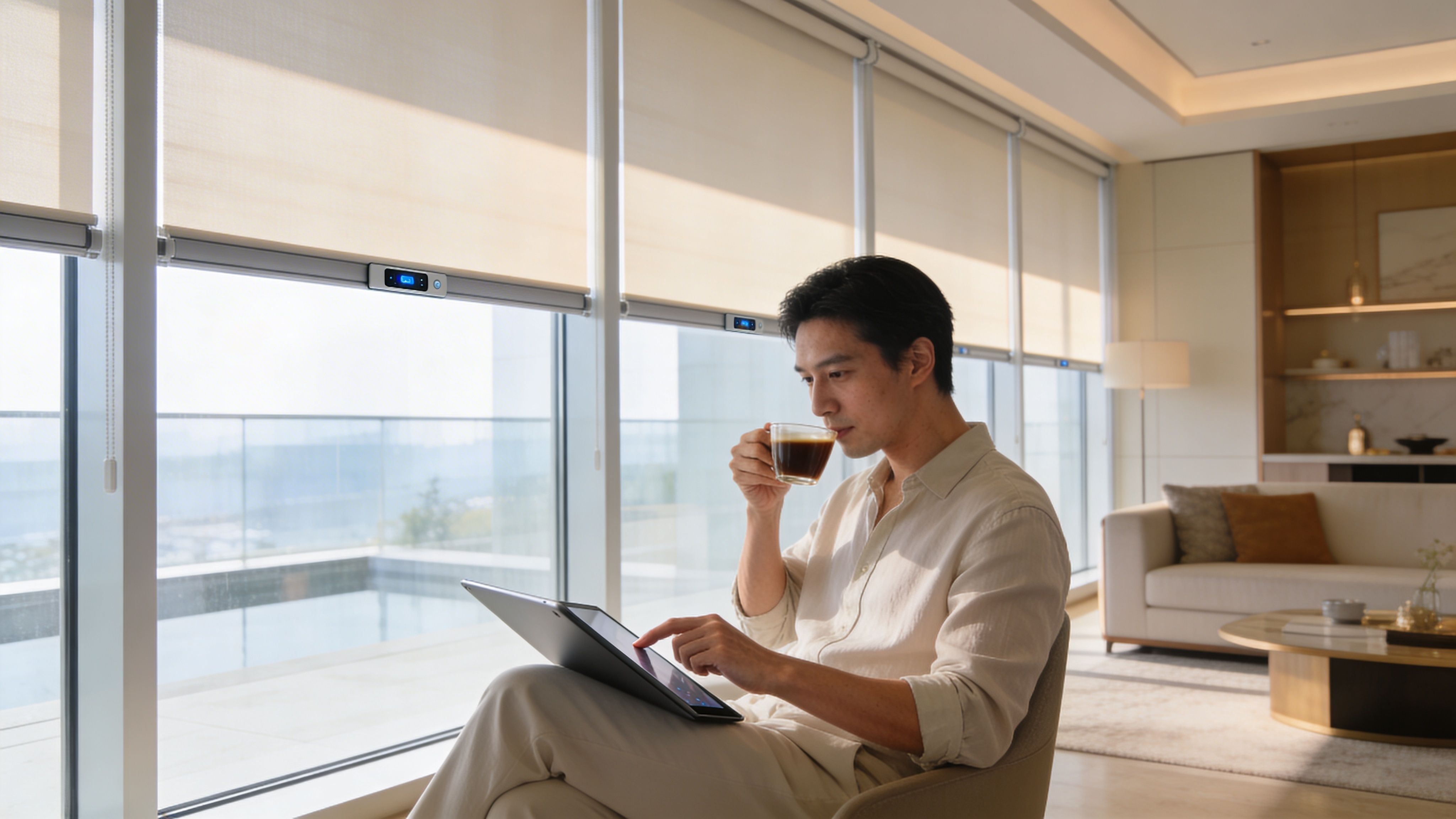 Westchester Window Fashions | Expert Sun Blocking Blinds Shades: Protect Your Home a man in a bright, modern living room sits by large windows drinking coffee while using a tablet.