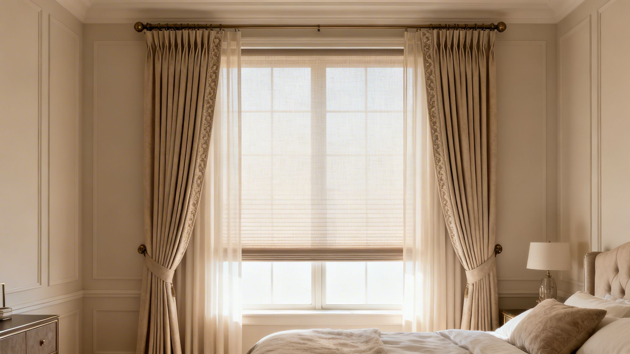 a bright bedroom window with elegant beige curtains, sheer drapes, and blinds, with a bed.