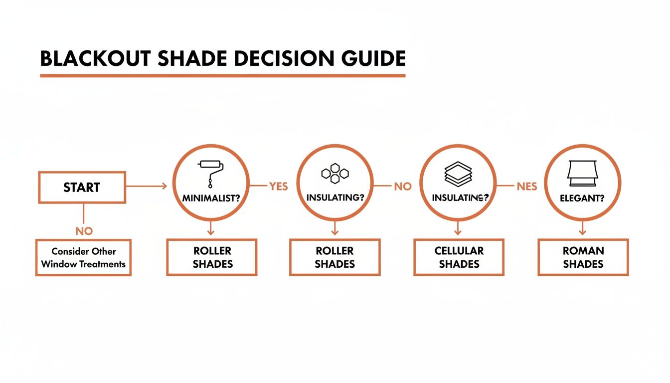 a flowchart decision guide for choosing blackout shades based on minimalism, insulation, and elegance.