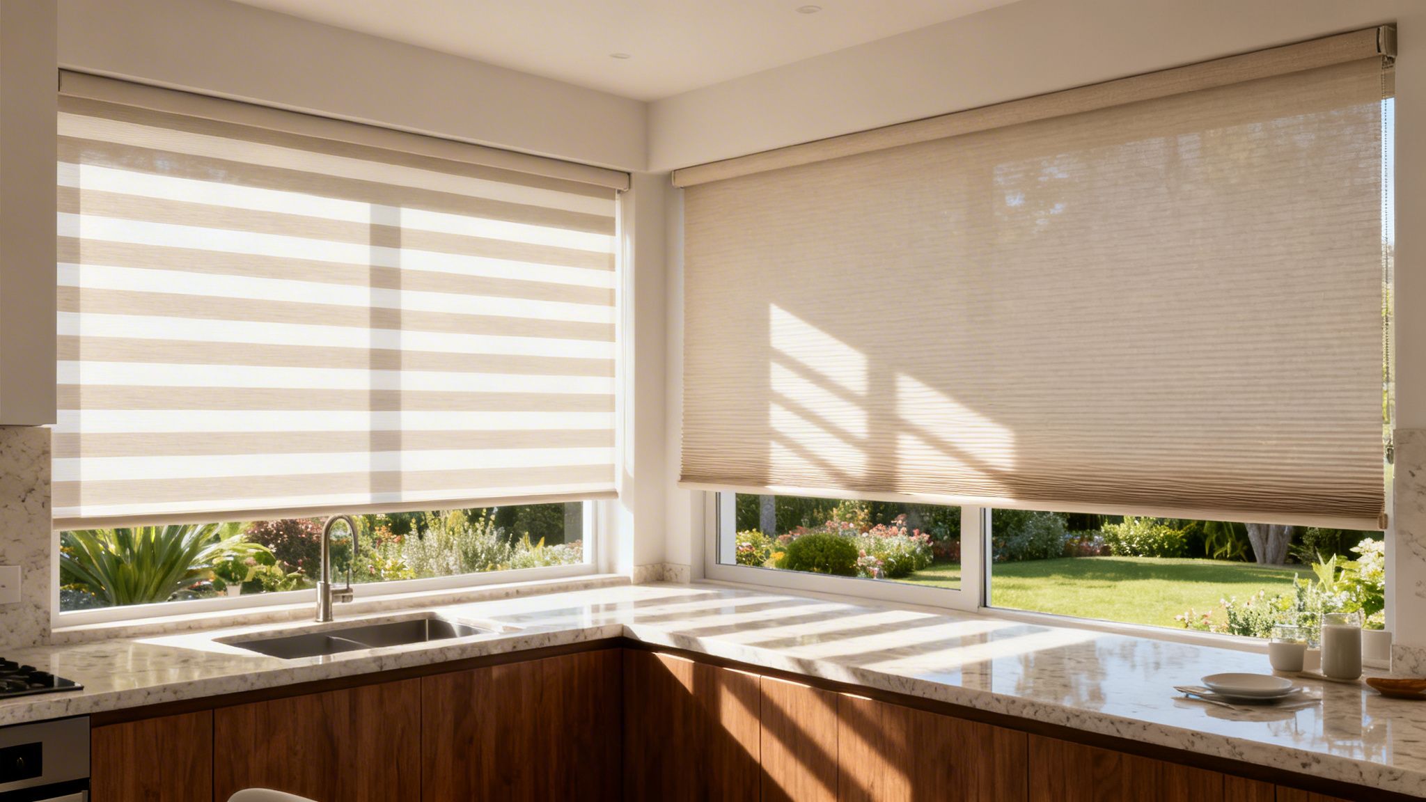 a modern kitchen with beige zebra blinds and cellular blinds, featuring a garden view and natural light.