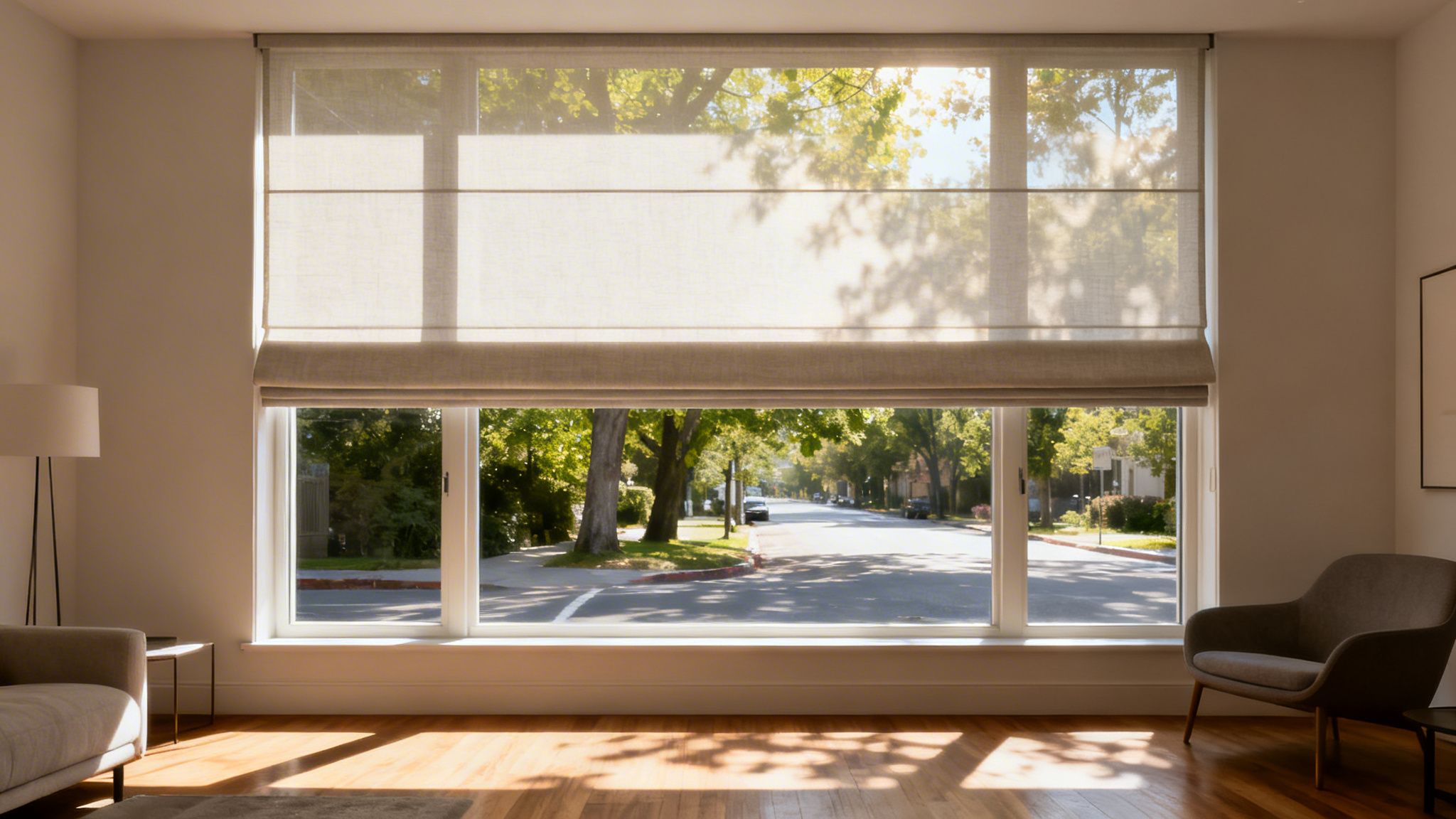 Westchester Window Fashions | Elevating Westchester Homes With Contemporary Roman Shades modern living space featuring sheer roman shades on a large window with a bright street view.