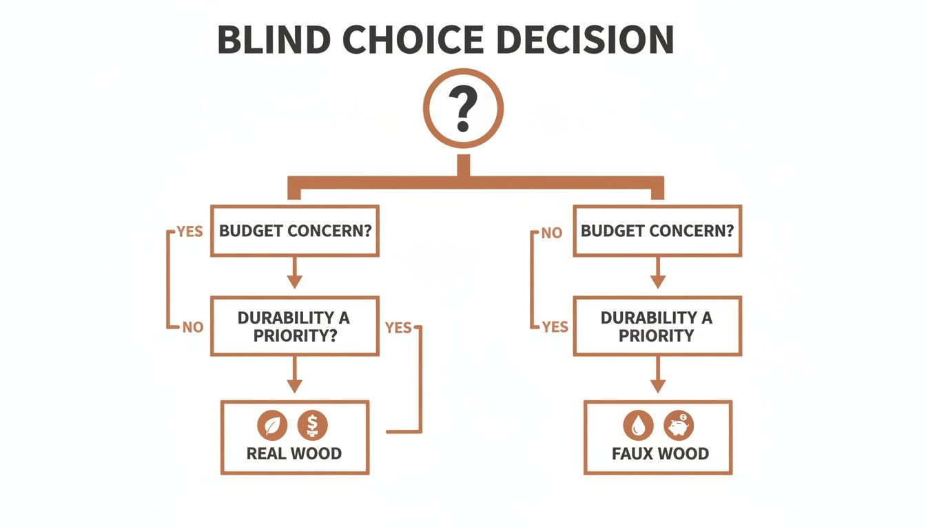 decision flowchart guiding the choice between real wood and faux wood based on budget and durability.