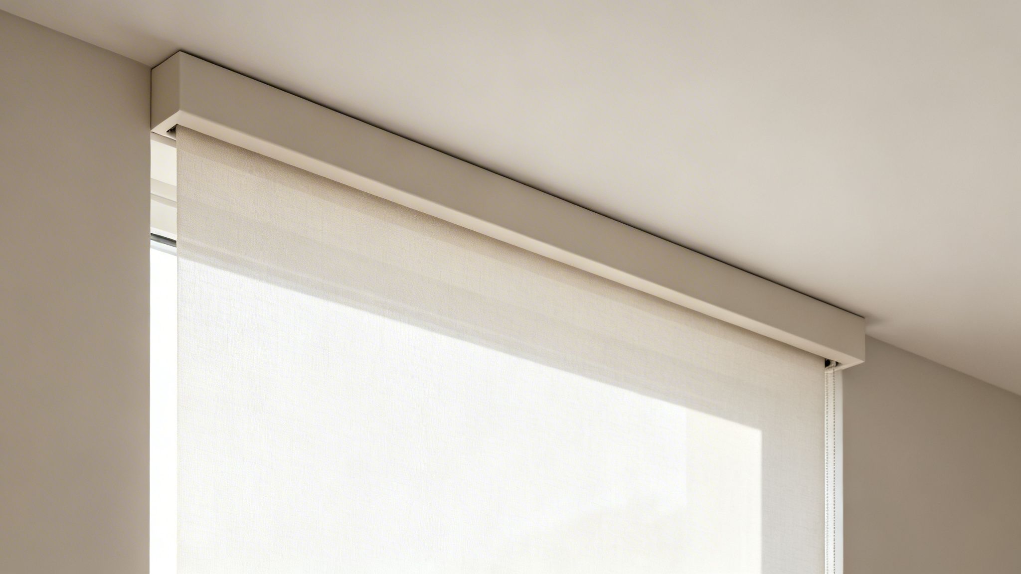 modern white roller shade elegantly covering a window, featuring a sleek top valance integrated into a light-colored ceiling.