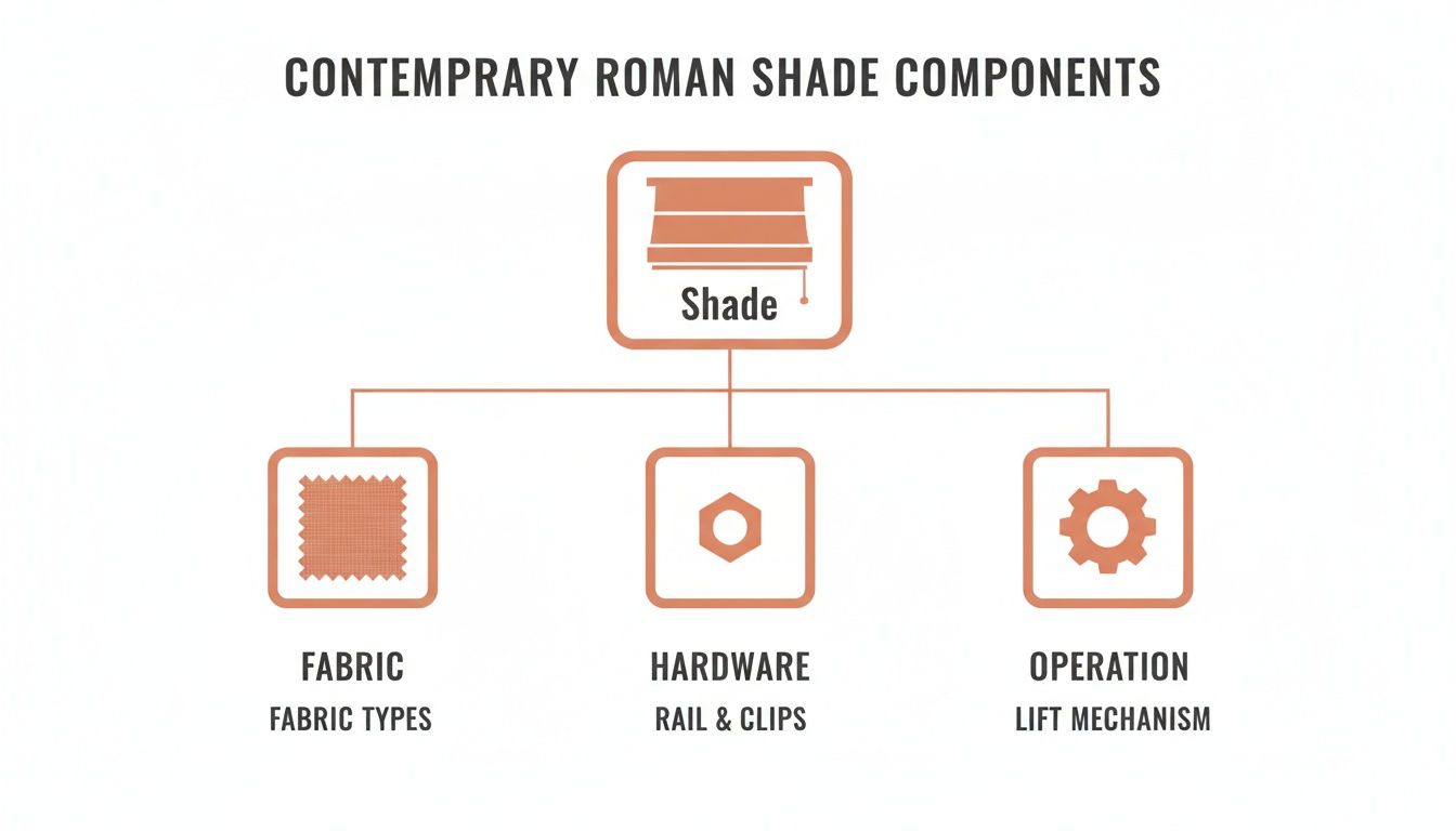 Westchester Window Fashions | Elevating Westchester Homes With Contemporary Roman Shades a diagram illustrating the components of contemporary roman shades, including fabric, hardware like rails and clips, and the lift mechanism.
