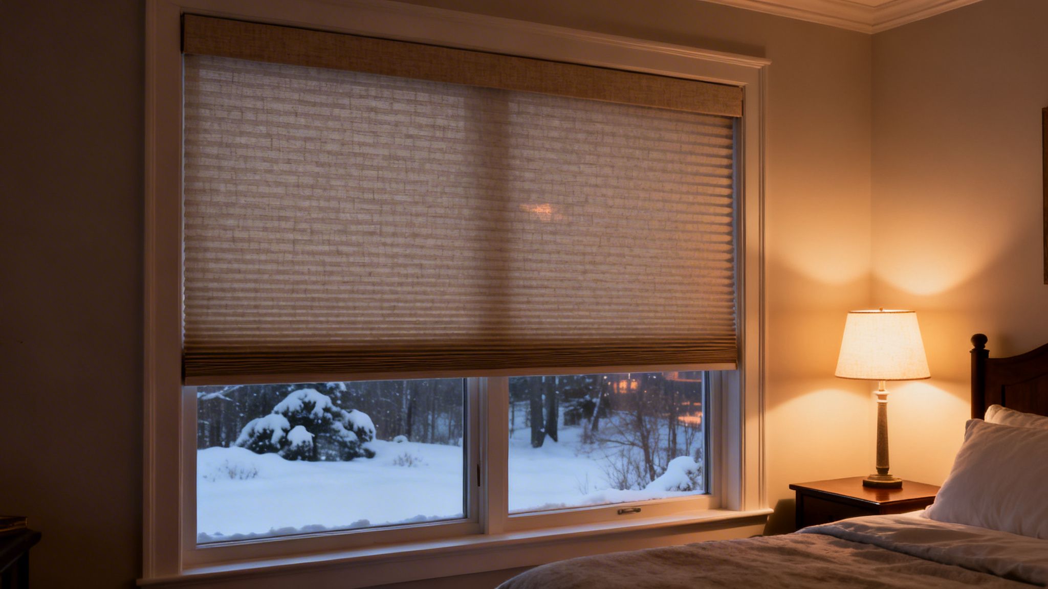 Westchester Window Fashions | The Discerning Homeowner’s Guide to Custom Window Treatments for Bedford Estates in 2026 a cozy bedroom at night with a window displaying a snowy landscape and a lit bedside lamp.