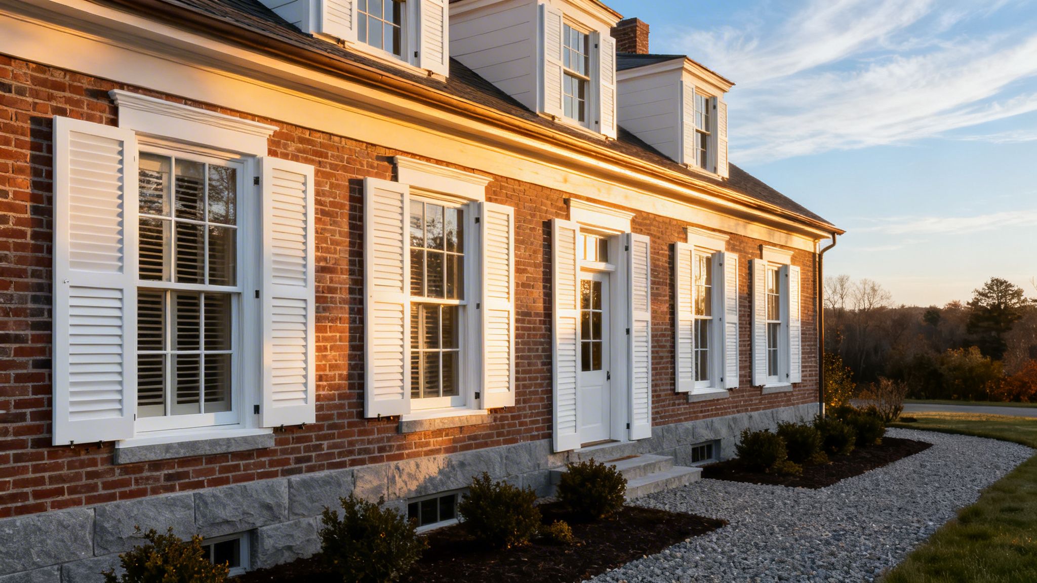 Westchester Window Fashions | Plantation Shutters vs. Blinds: A Westchester Homeowner’s Guide a colonial-style brick house with white plantation shutters, stone foundation, and a gravel path at sunset.