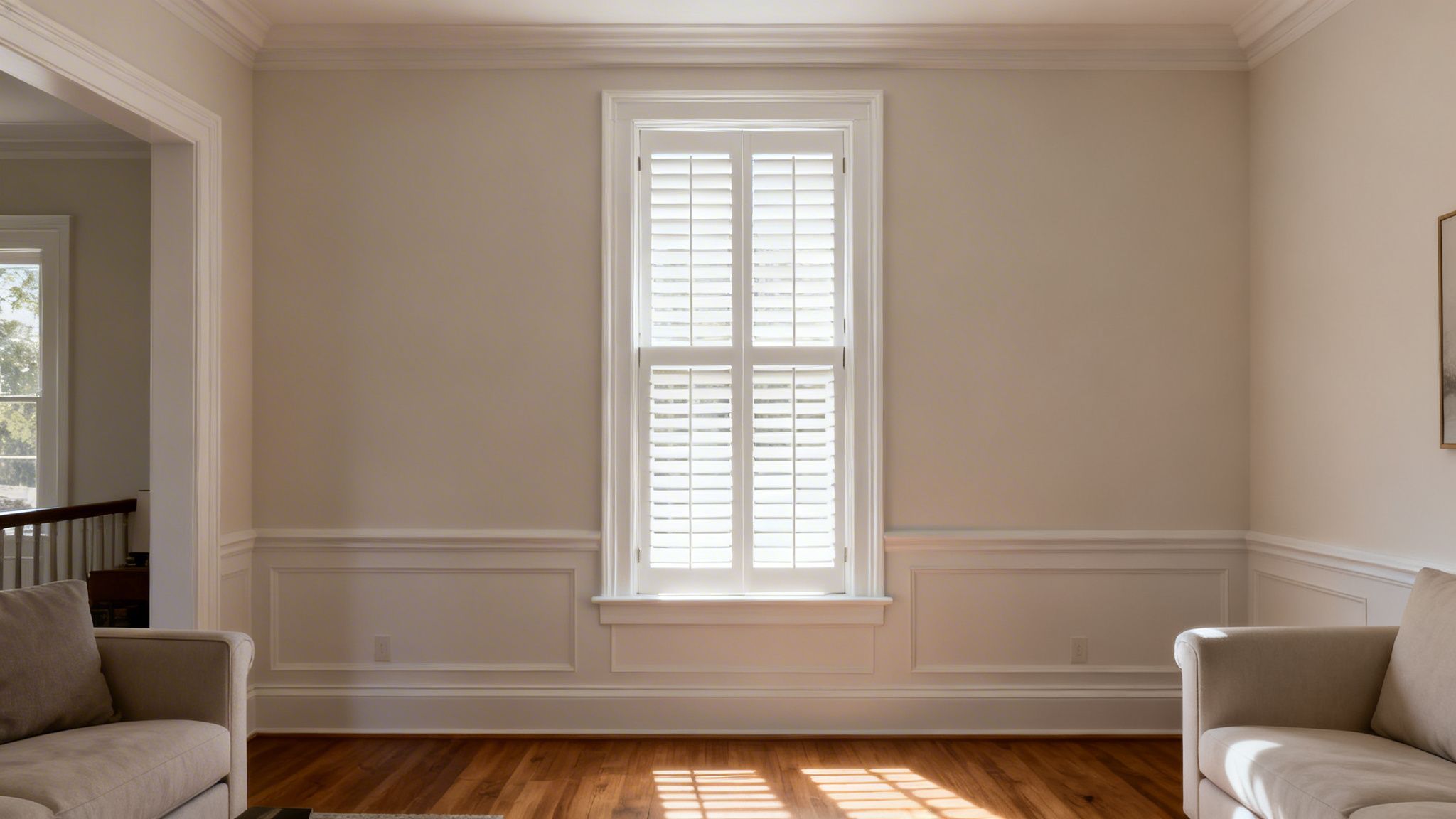 Westchester Window Fashions | Your Guide to the Best Insulating Window Coverings for a Westchester Home a bright living room with white plantation shutters on a central window, warm wood floors.