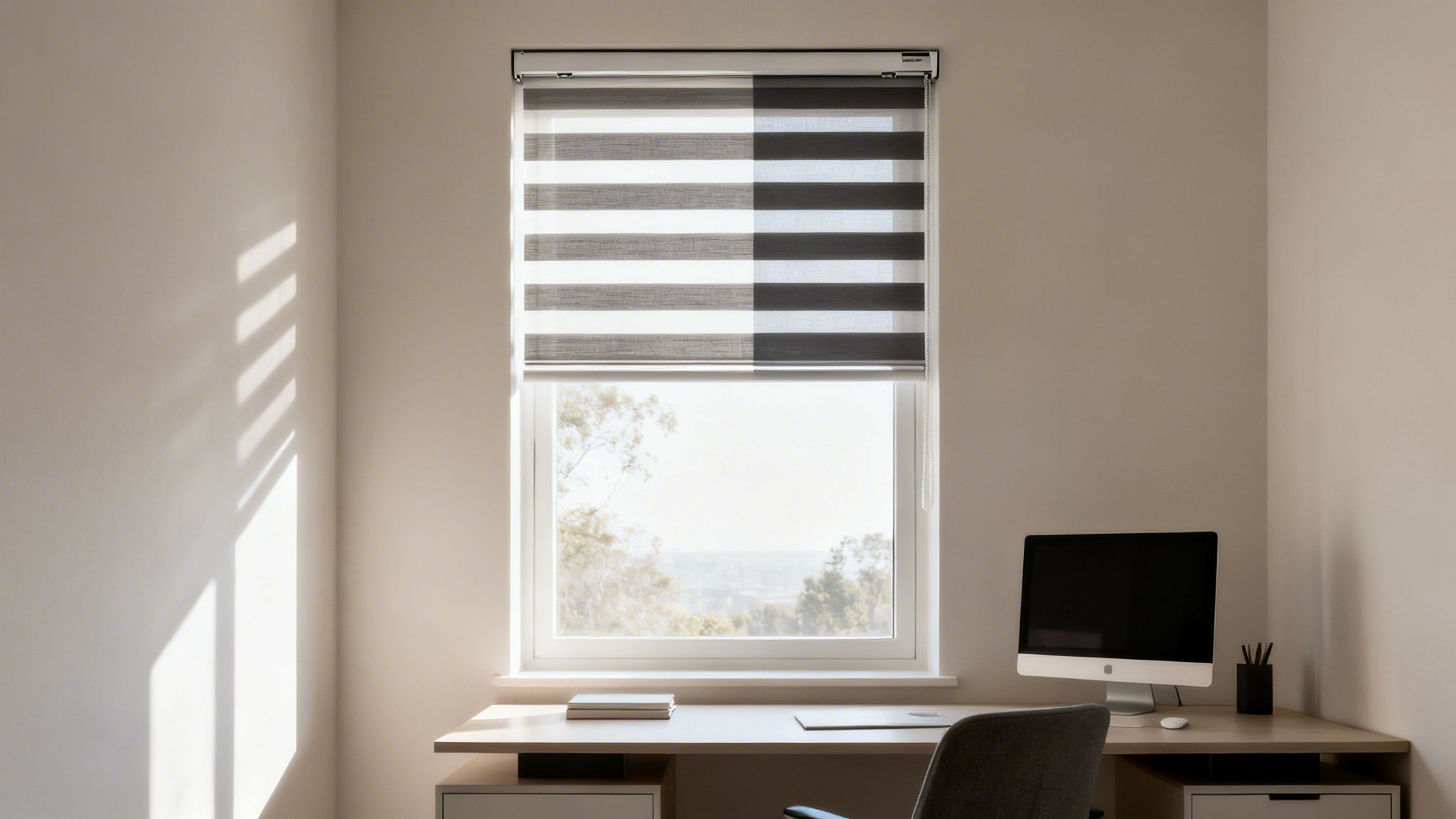 Westchester Window Fashions | The Consultative Guide to Privacy Window Treatment Ideas for Westchester Homes a modern home office with a wooden desk, computer, and stylish zebra blinds on the window.