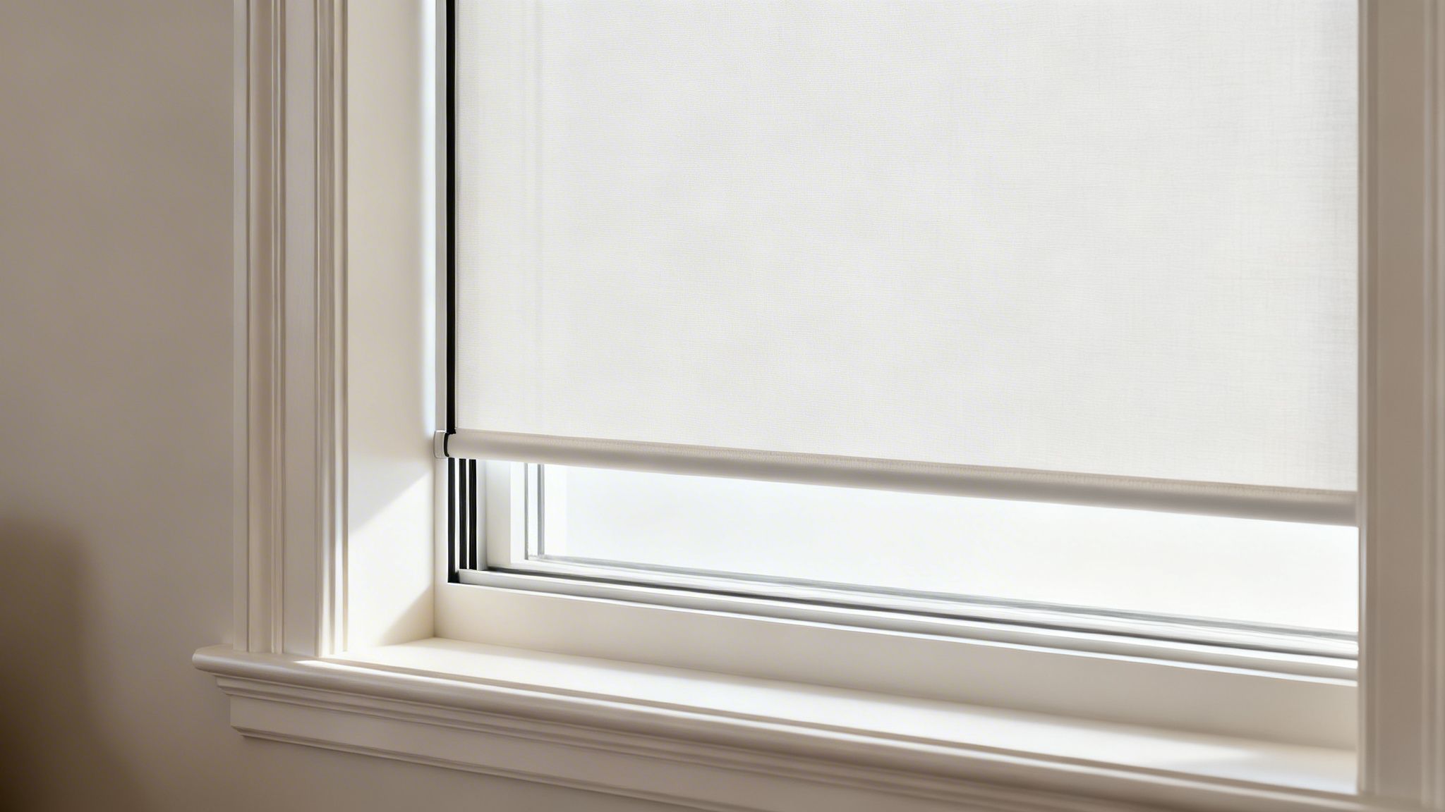 a modern white roller shade partially covering a window with decorative white trim and sill.