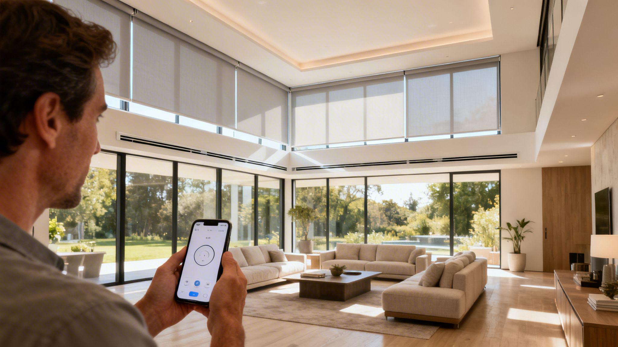 Westchester Window Fashions | What Are Solar Shades for Windows? A Westchester Design Guide a man uses a smartphone app to control smart window shades in a luxurious, bright living room.