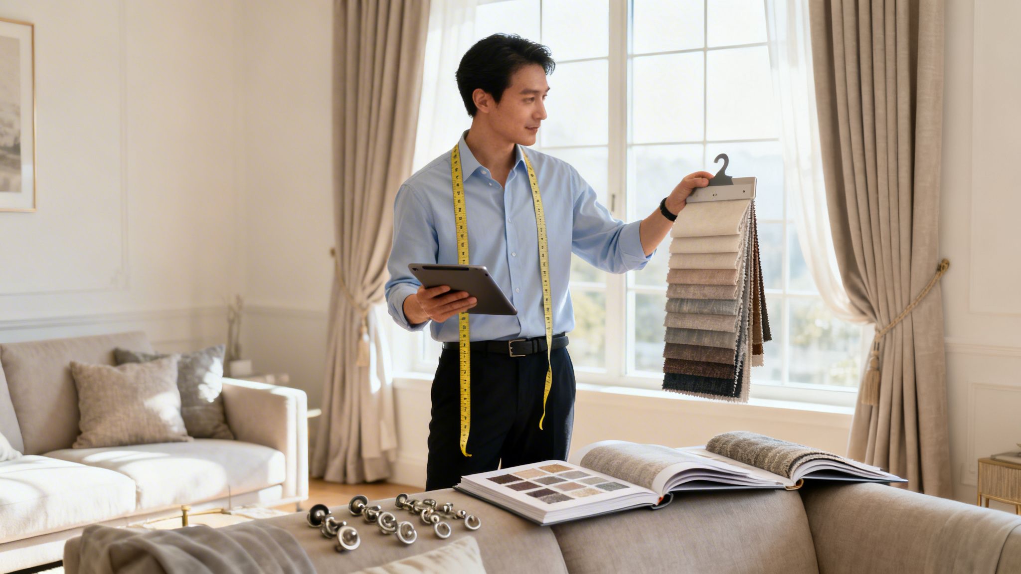 Westchester Window Fashions | Sophisticated Living Room Drapery Ideas for Westchester Homes an interior designer holds fabric samples and a tablet in a modern living room.