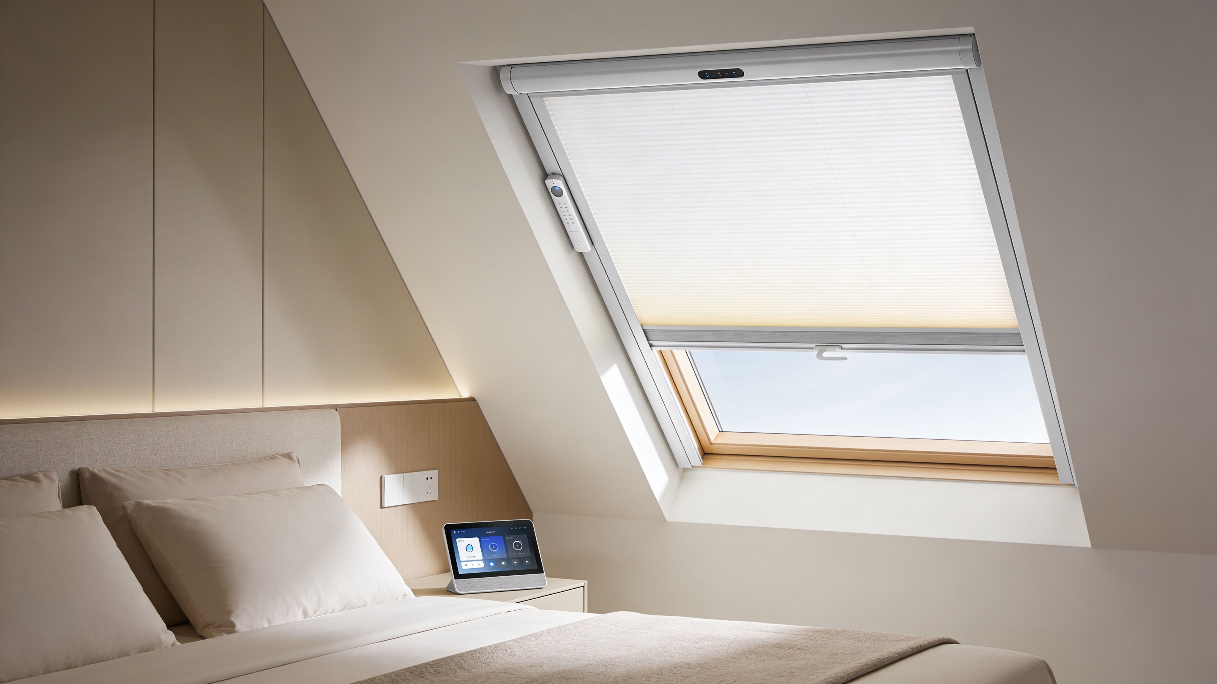 Westchester Window Fashions | Expert Solutions for Covering Skylight Inside a modern bedroom attic with a motorized skylight window covered by a retractable pleated blind during daytime.