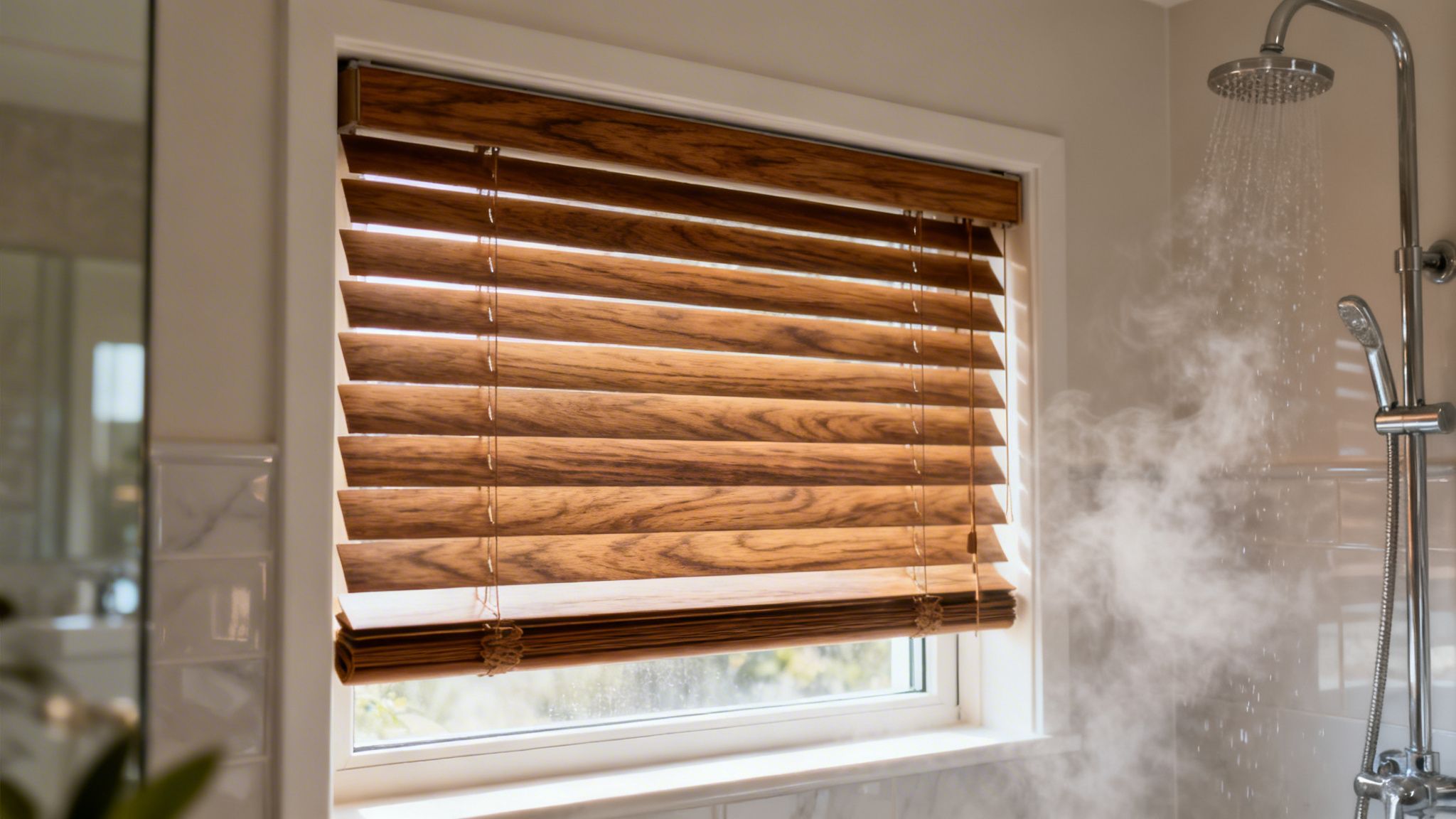 a steam-filled bathroom featuring a wooden blind installed over a small window next to a shower head.