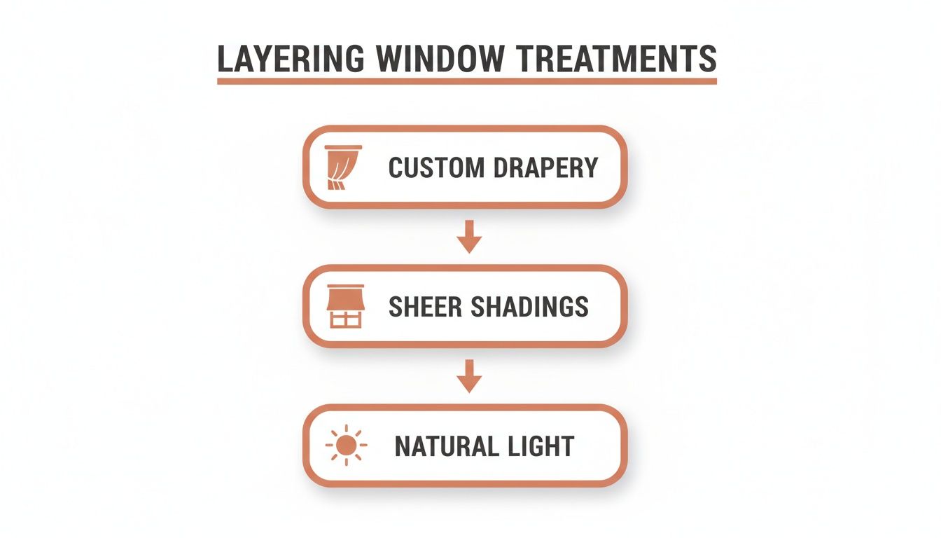 a flowchart illustrating the layering of window treatments: custom drapery, sheer shadings, and natural light.
