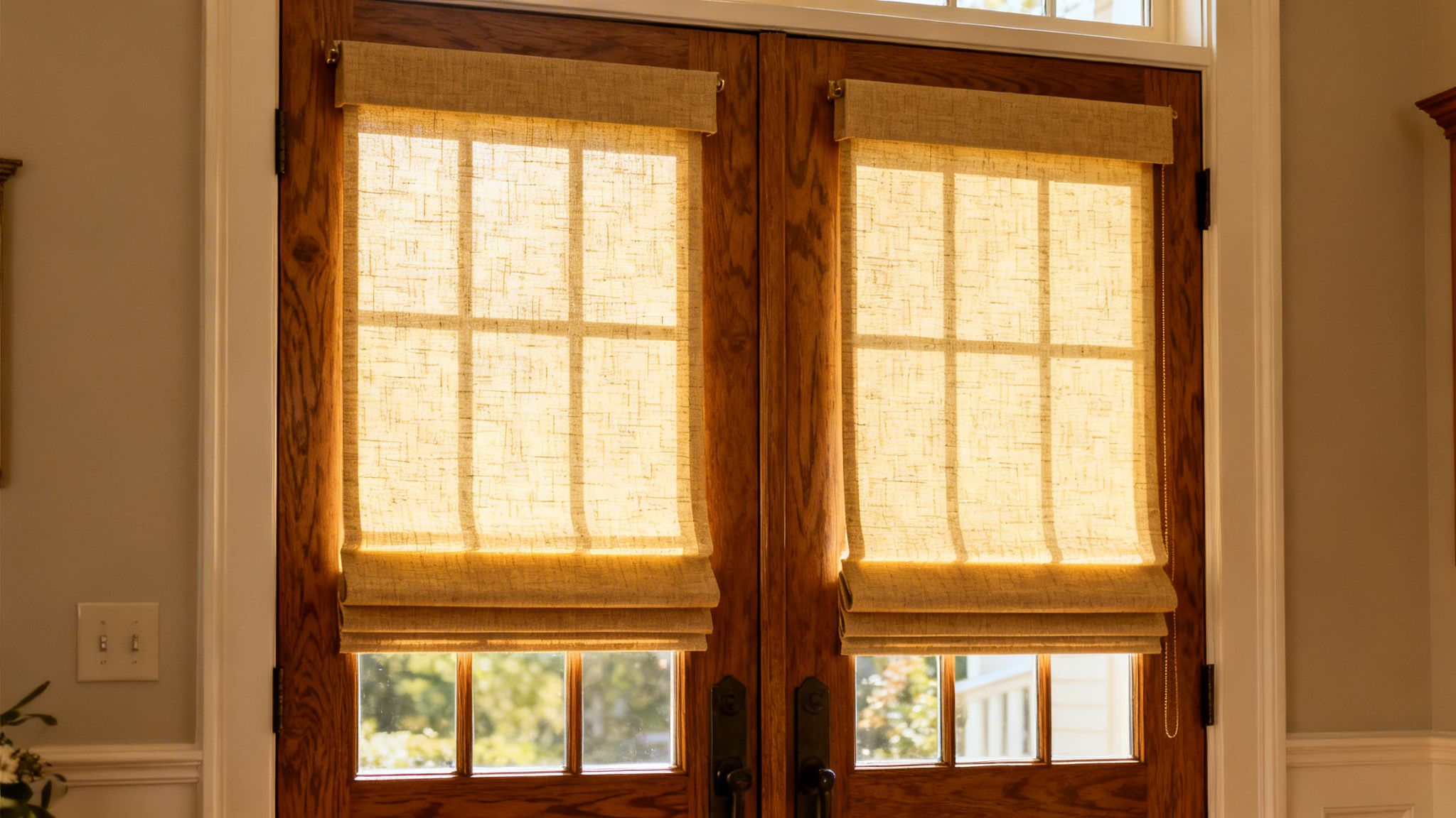 Westchester Window Fashions | Elevate Your Entry: Roman Shades For Front Door 2026 two wooden doors featuring elegant light brown roman shades covering the glass panels with natural sunlight.