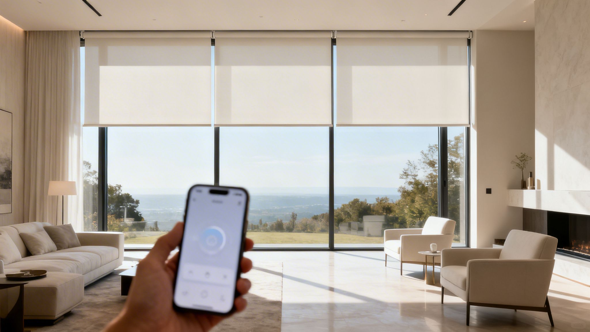 Westchester Window Fashions | Mastering Window Treatments for Floor to Ceiling Windows in 2026 hand holding smartphone controlling smart roller shades on floor-to-ceiling windows in a modern living room.