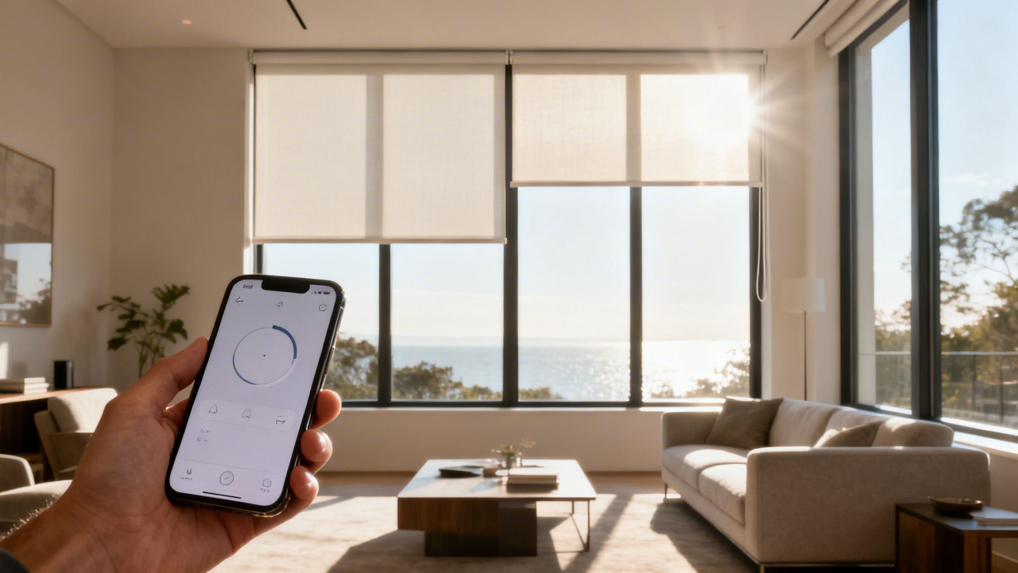 Westchester Window Fashions | How to Choose Window Shades: A Westchester Homeowner’s Guide a hand uses a smartphone app to control smart window shades in a sunny modern living room with an ocean view.