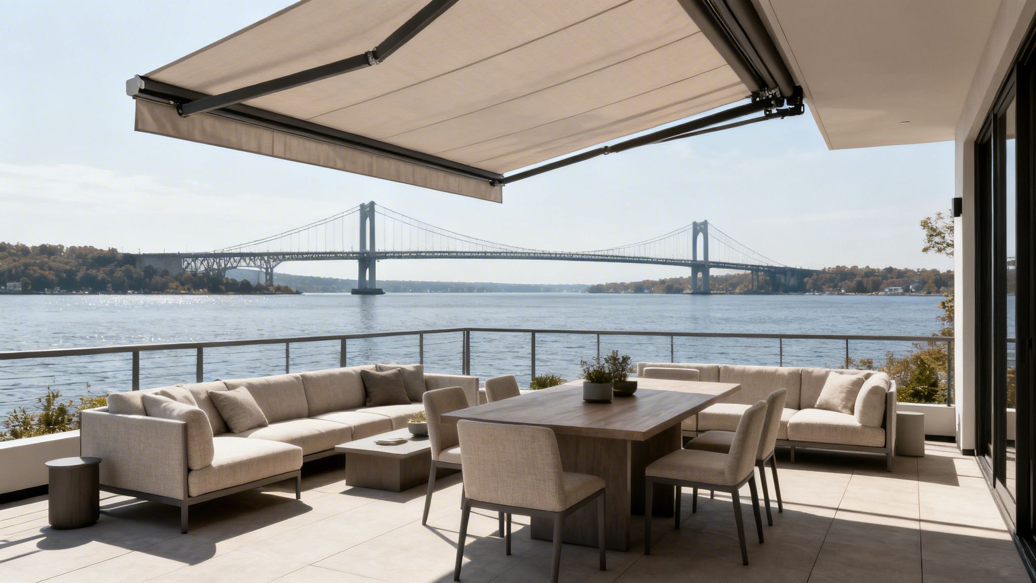 a modern outdoor patio with beige furniture and an awning overlooking a scenic river and large suspension bridge.