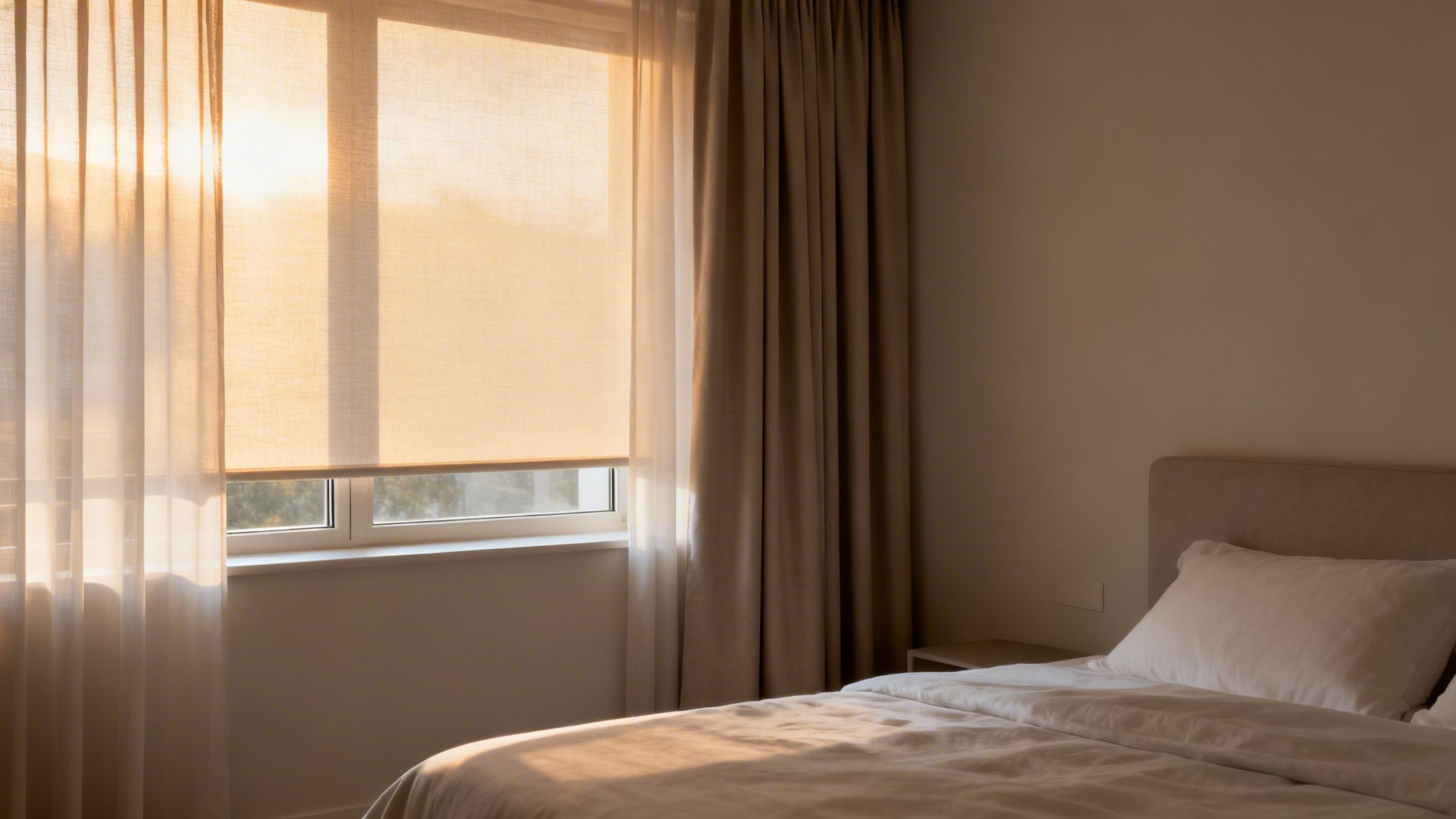 Westchester Window Fashions | The 2026 Guide to Drapes in the Master Bedroom: A Westchester Perspective sunny bedroom interior with light filtering through roller blind and sheer curtains, illuminating a bed.