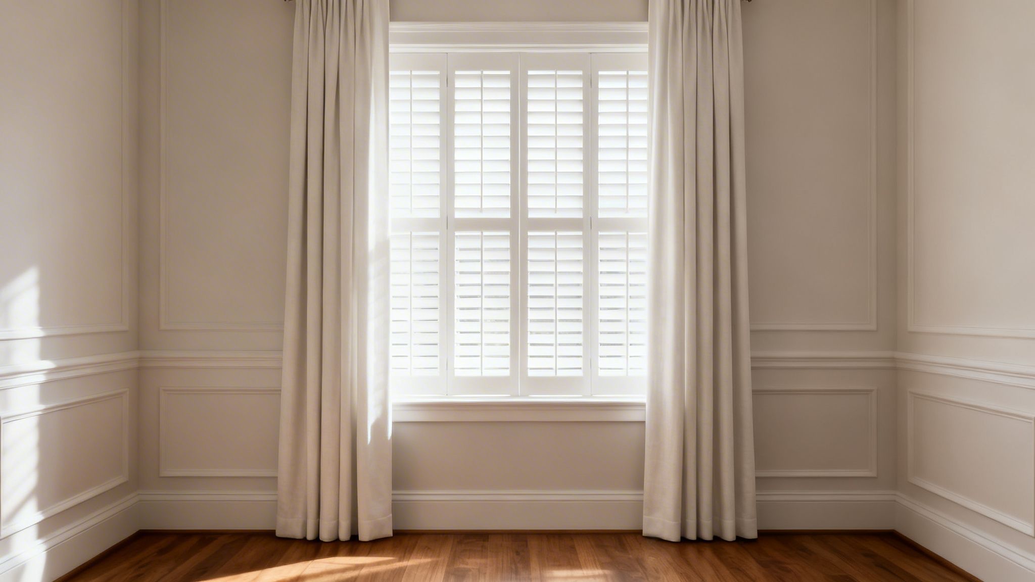 an empty room features white wainscoting, a polished wooden floor, and a bright window with shutters and light curtains.