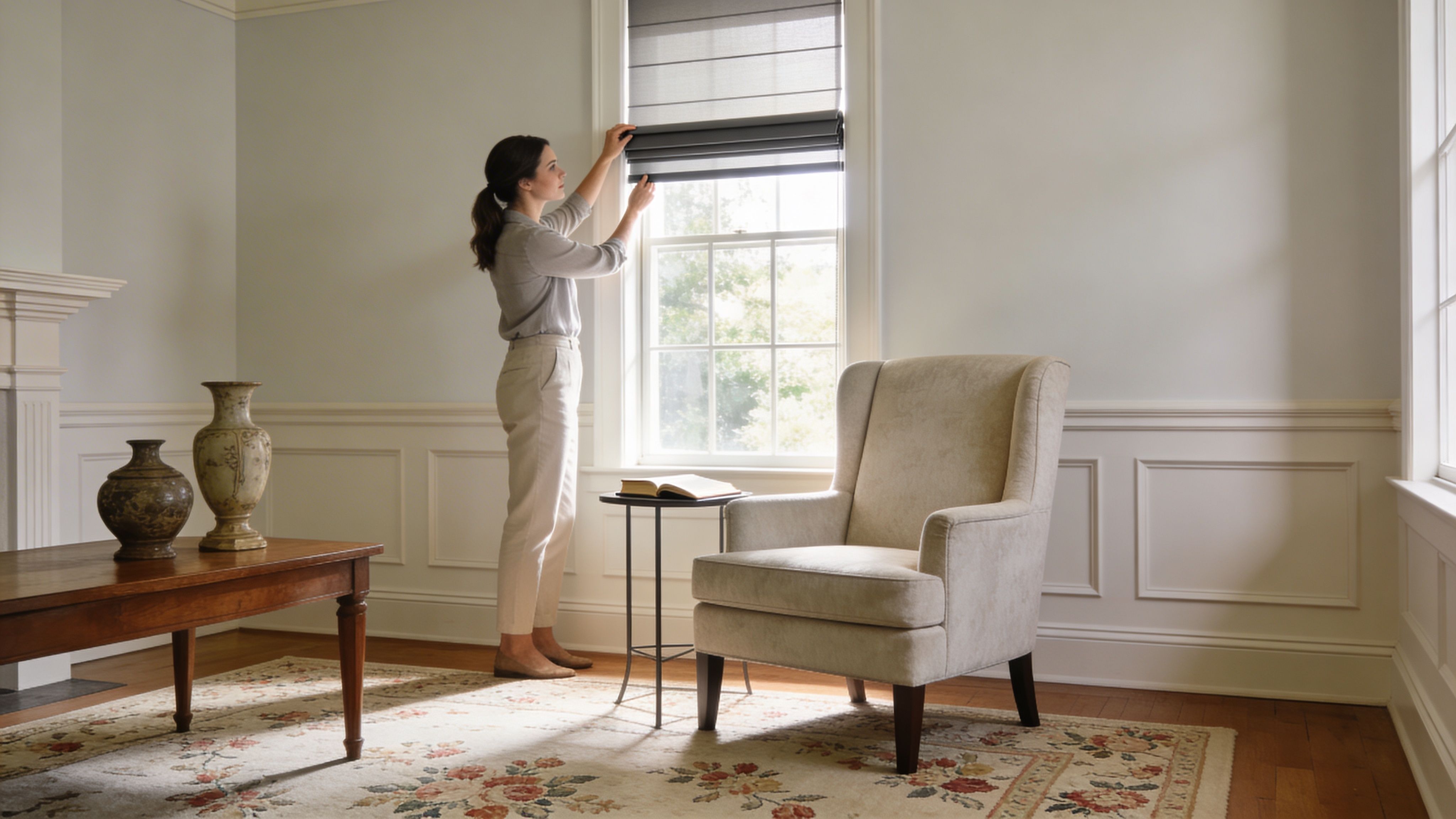 Westchester Window Fashions | Top Down Bottom Up Control: Ultimate Light & Privacy a woman stands by a sunny window adjusting a modern fabric roman shade in a elegant room.