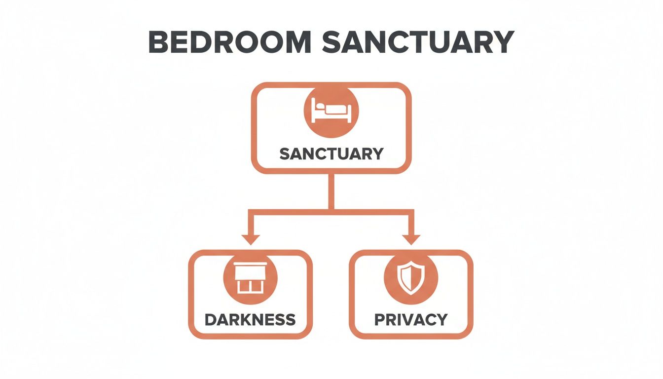a diagram titled 'bedroom sanctuary' linking to 'sanctuary', 'darkness' (blinds icon), and 'privacy' (shield icon).
