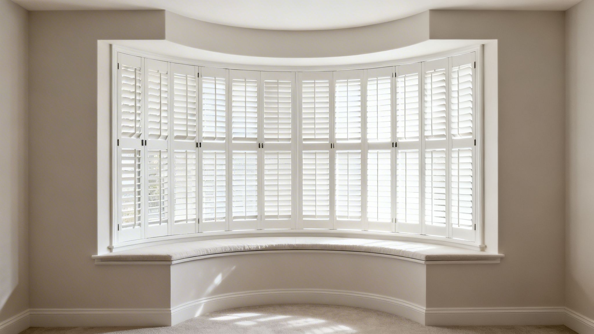 a bright bay window with white plantation shutters and a cushioned window seat.