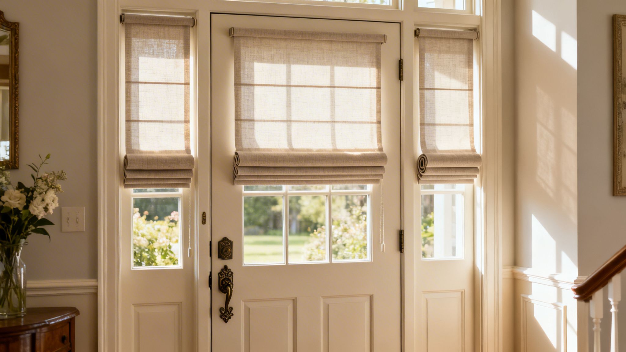 Westchester Window Fashions | Elevate Your Entry: Roman Shades For Front Door 2026 elegant light-colored roman shades installed on a front door and side glass panels for natural light control.