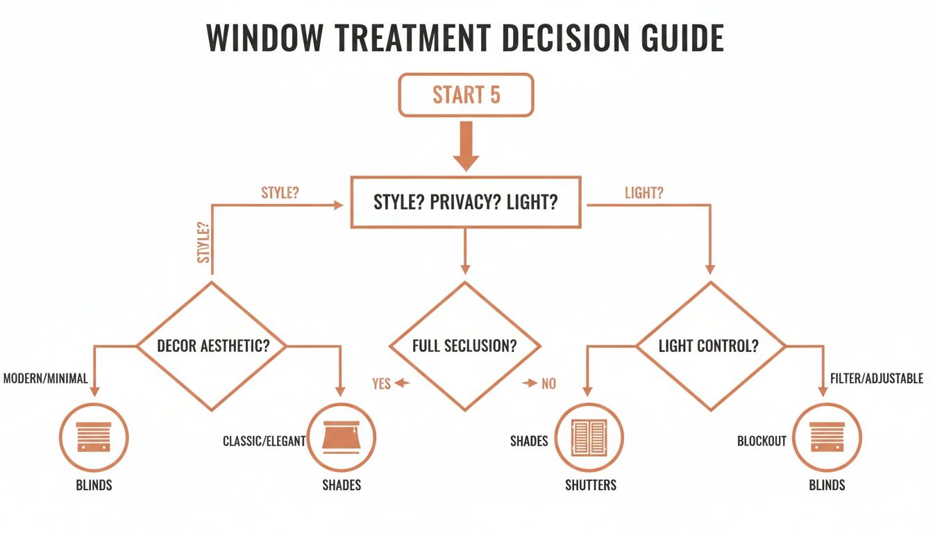 decision guide flowchart illustrating how to choose window treatments based on style, privacy, and light.