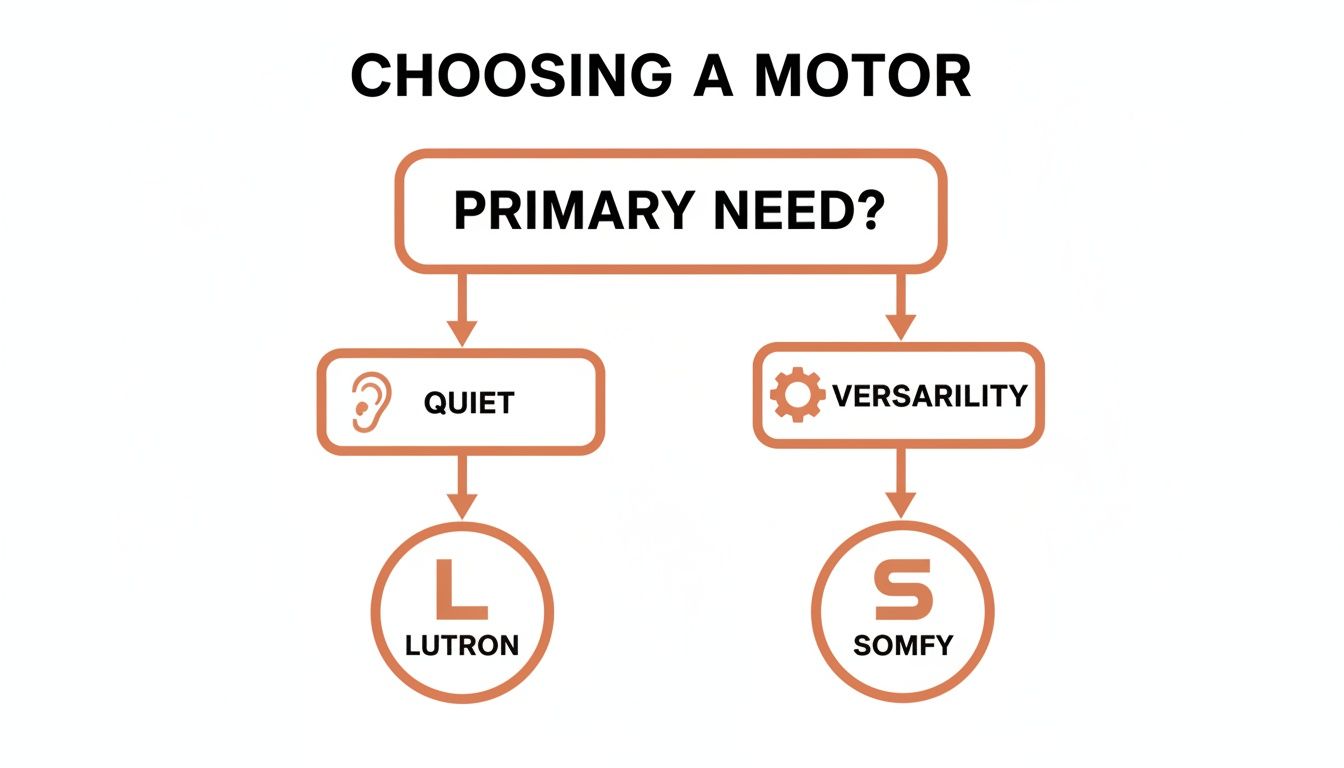 a flowchart for choosing a motor, guiding users to lutron for quiet or somfy for versatility.