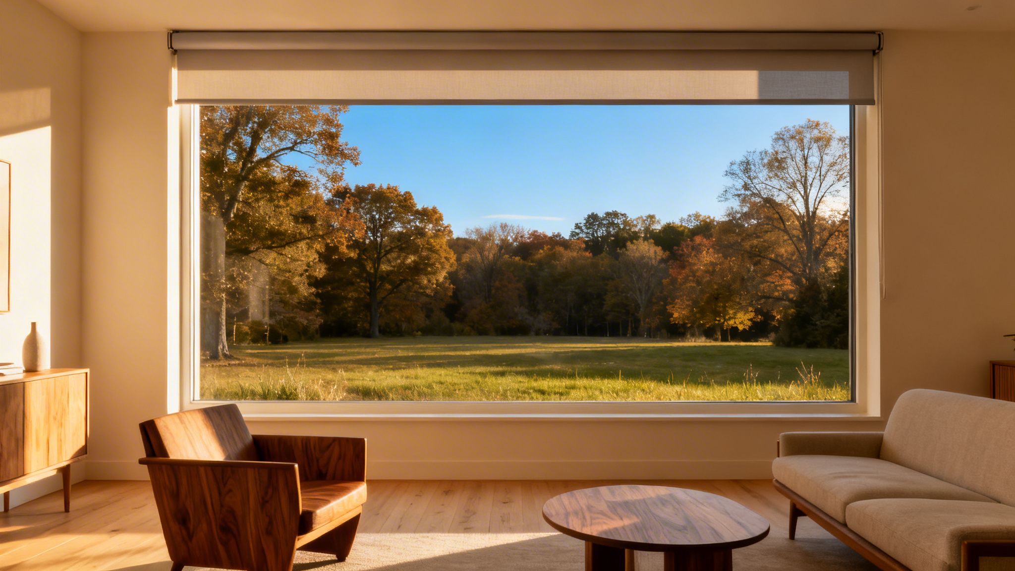 a stylish living room with a large picture window showcasing a sunny autumn landscape outside.