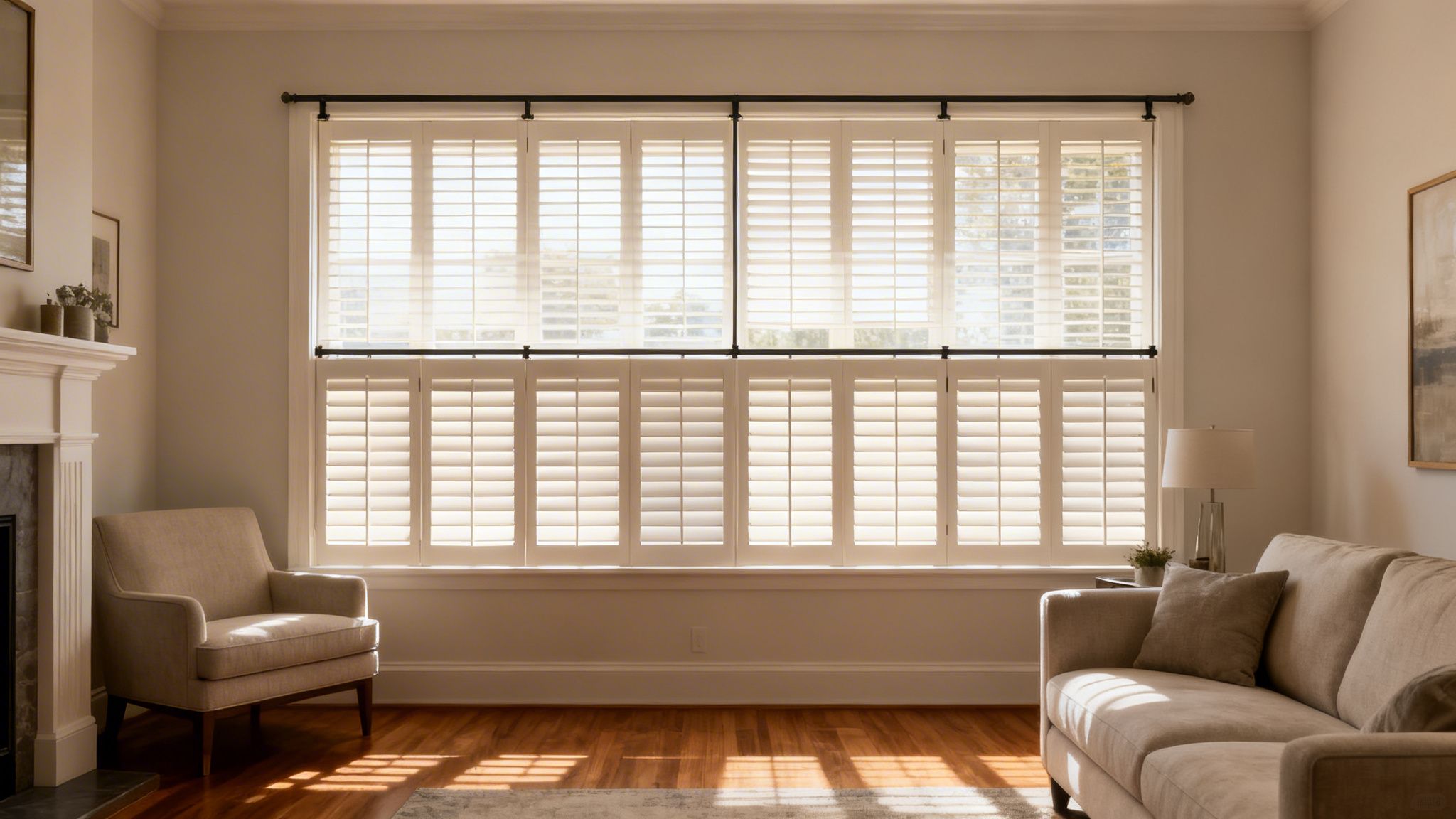 Westchester Window Fashions | Plantation Shutters vs. Blinds: A Westchester Homeowner’s Guide a bright living room featuring white plantation shutters on a large window, with sunlit furniture and wooden floor.