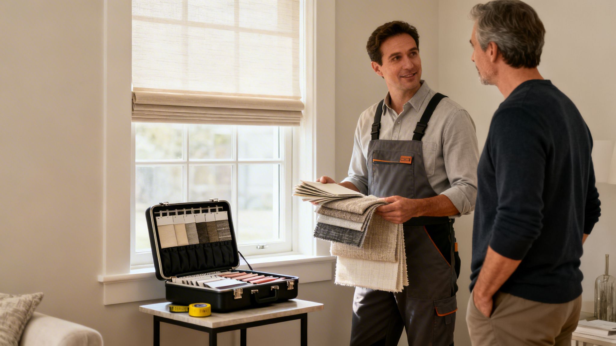 a window treatment professional discusses fabric choices with a client, showing samples in a bright room.