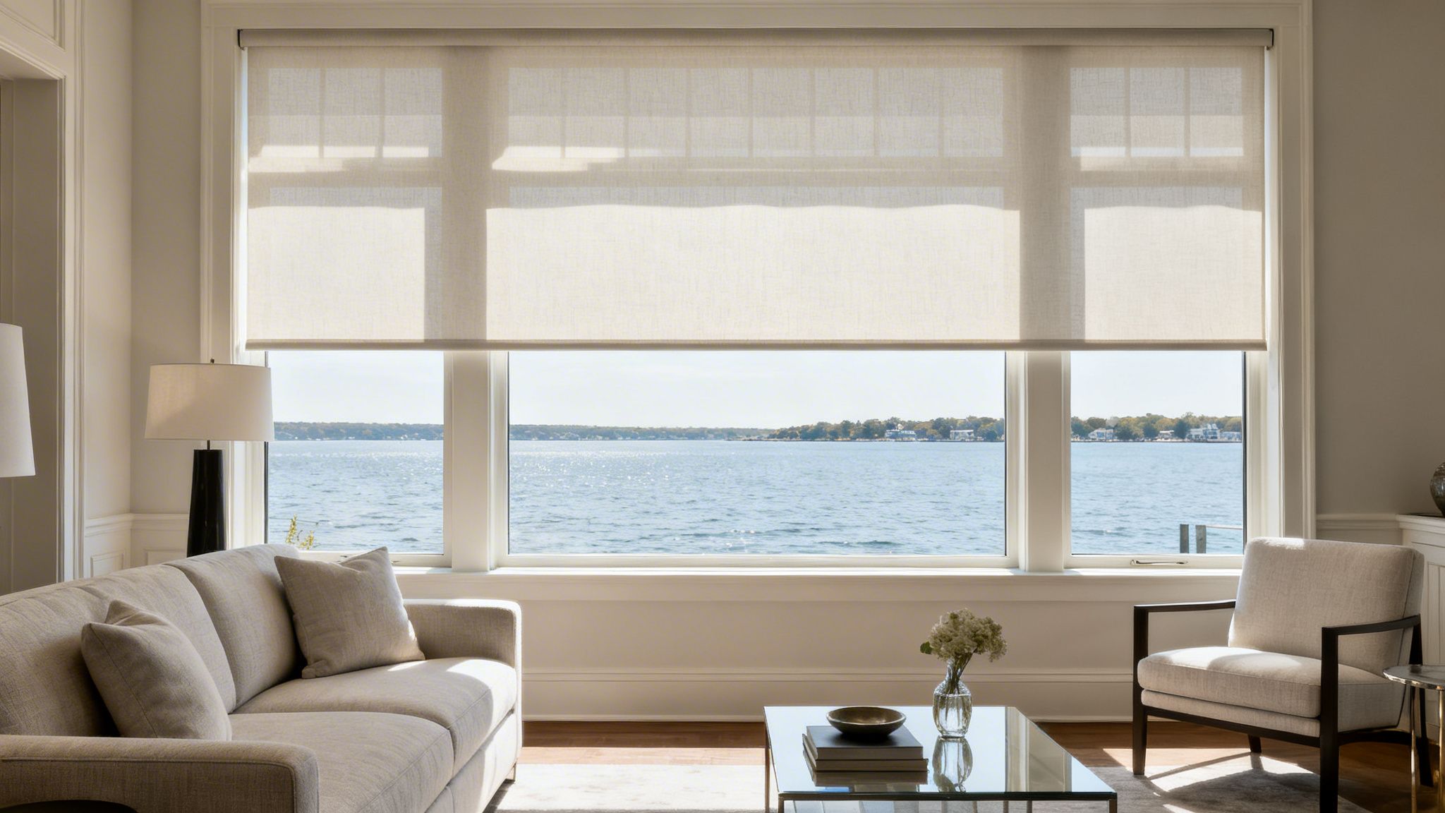 modern living room featuring custom blinds on a large window with a scenic water view.