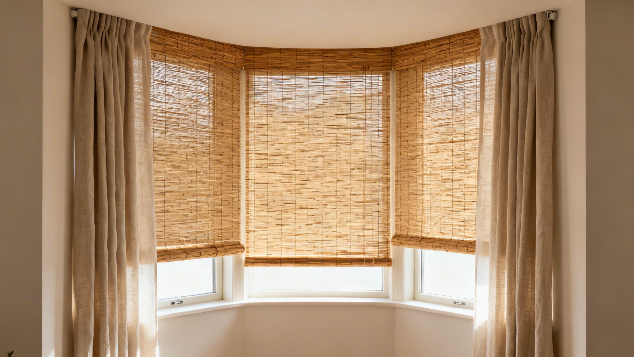 a bright bay window features natural woven wood shades and light linen curtains.