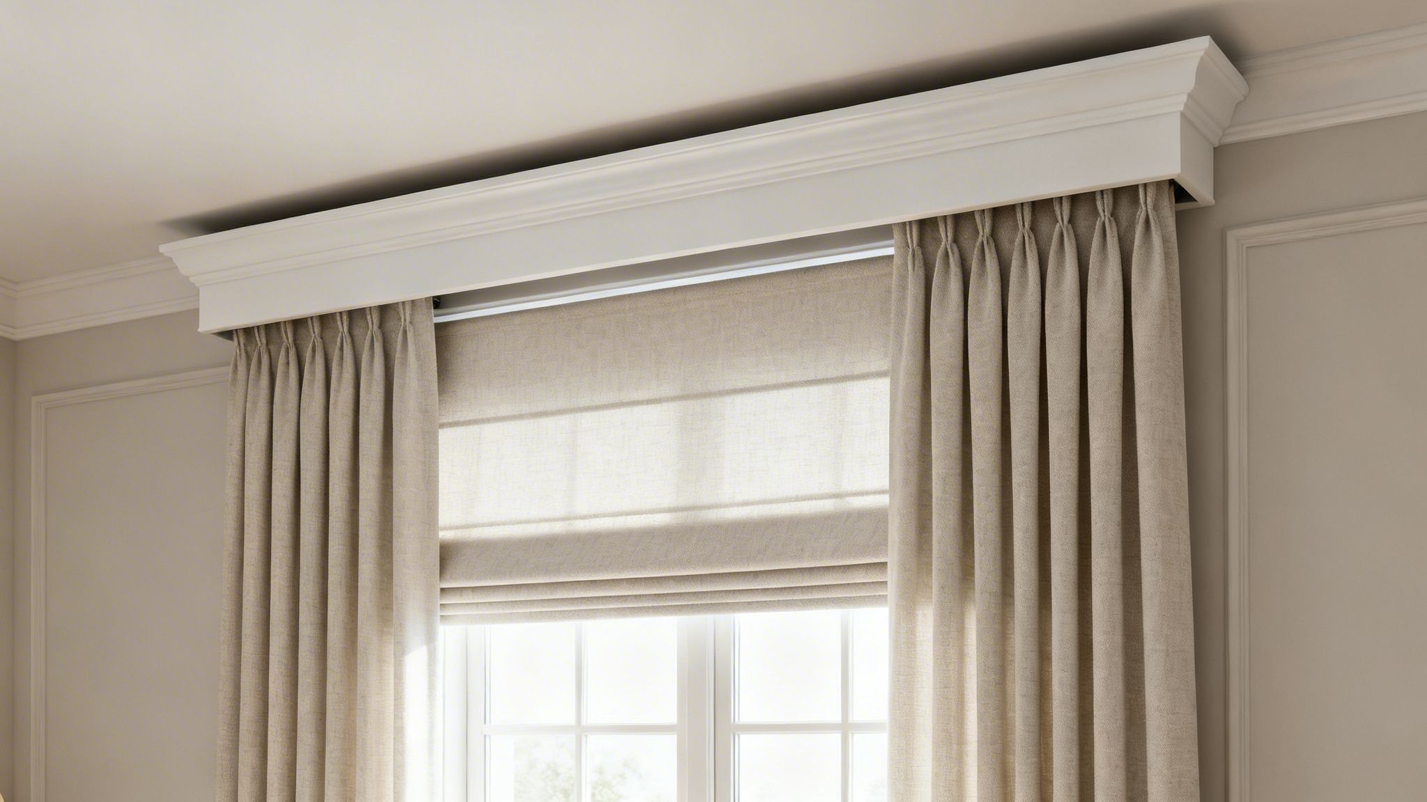 elegant window treatment featuring a white cornice, neutral pleated drapes, and a matching roman shade.