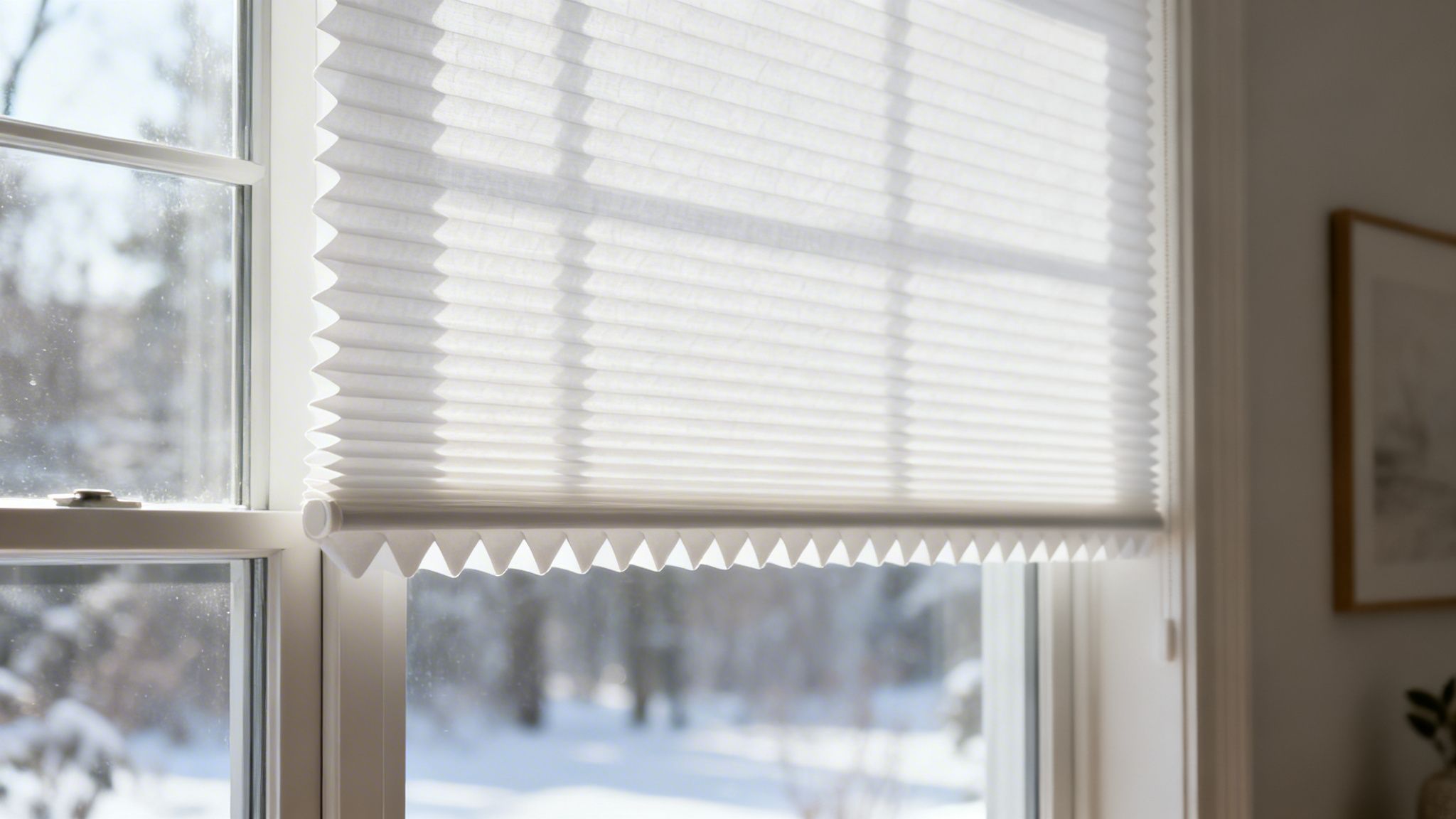 light-filtering white cellular blinds partially drawn on a window overlooking a snowy winter scene.