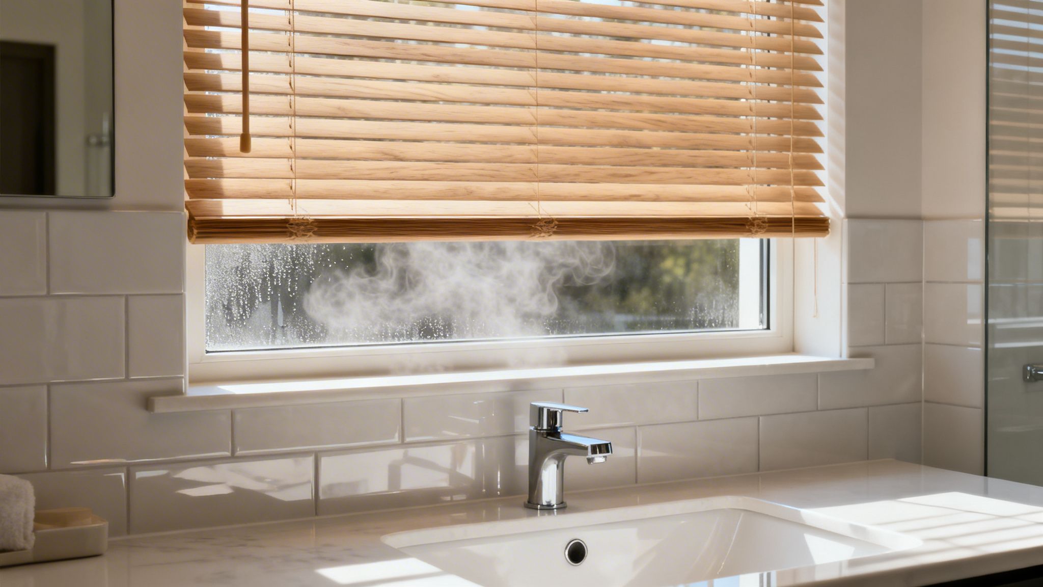 a modern bathroom with a sink, chrome faucet, and wooden blinds over a steamy window.