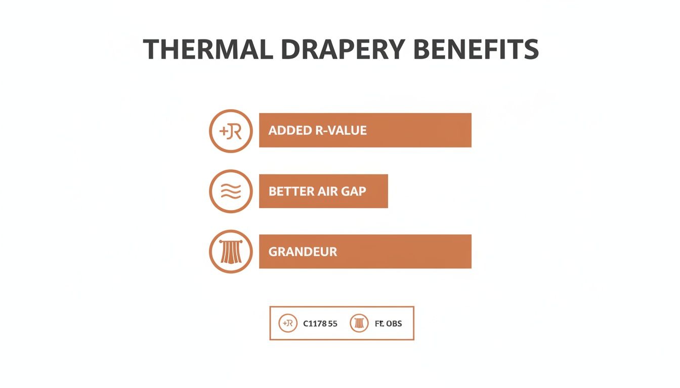 Westchester Window Fashions | Your Guide to the Best Insulating Window Coverings for a Westchester Home an infographic detailing thermal drapery benefits: added r-value, better air gap, and grandeur.