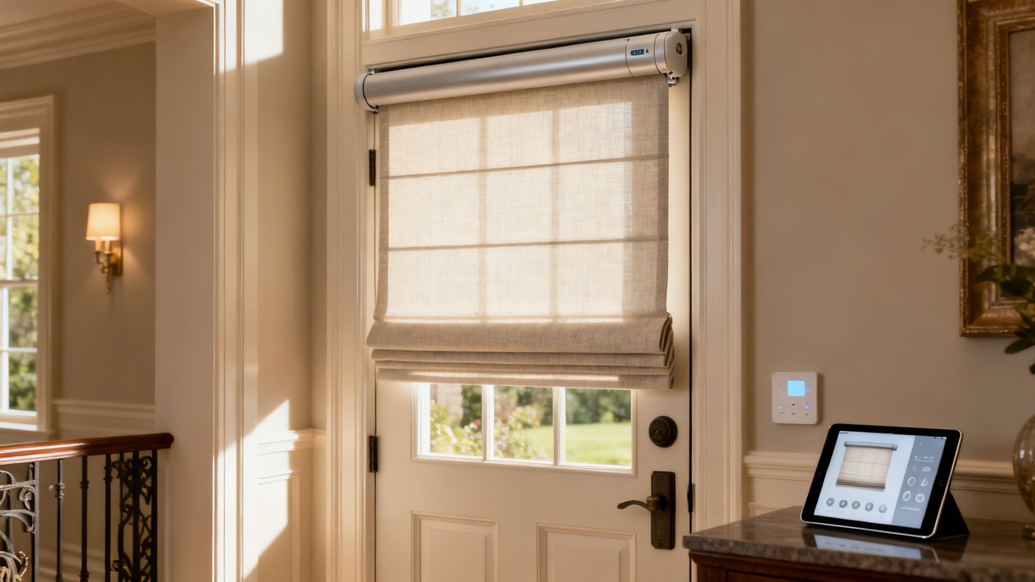 Westchester Window Fashions | Elevate Your Entry: Roman Shades For Front Door 2026 a modern smart home roman shade installed on a front door controlled by a nearby digital tablet.