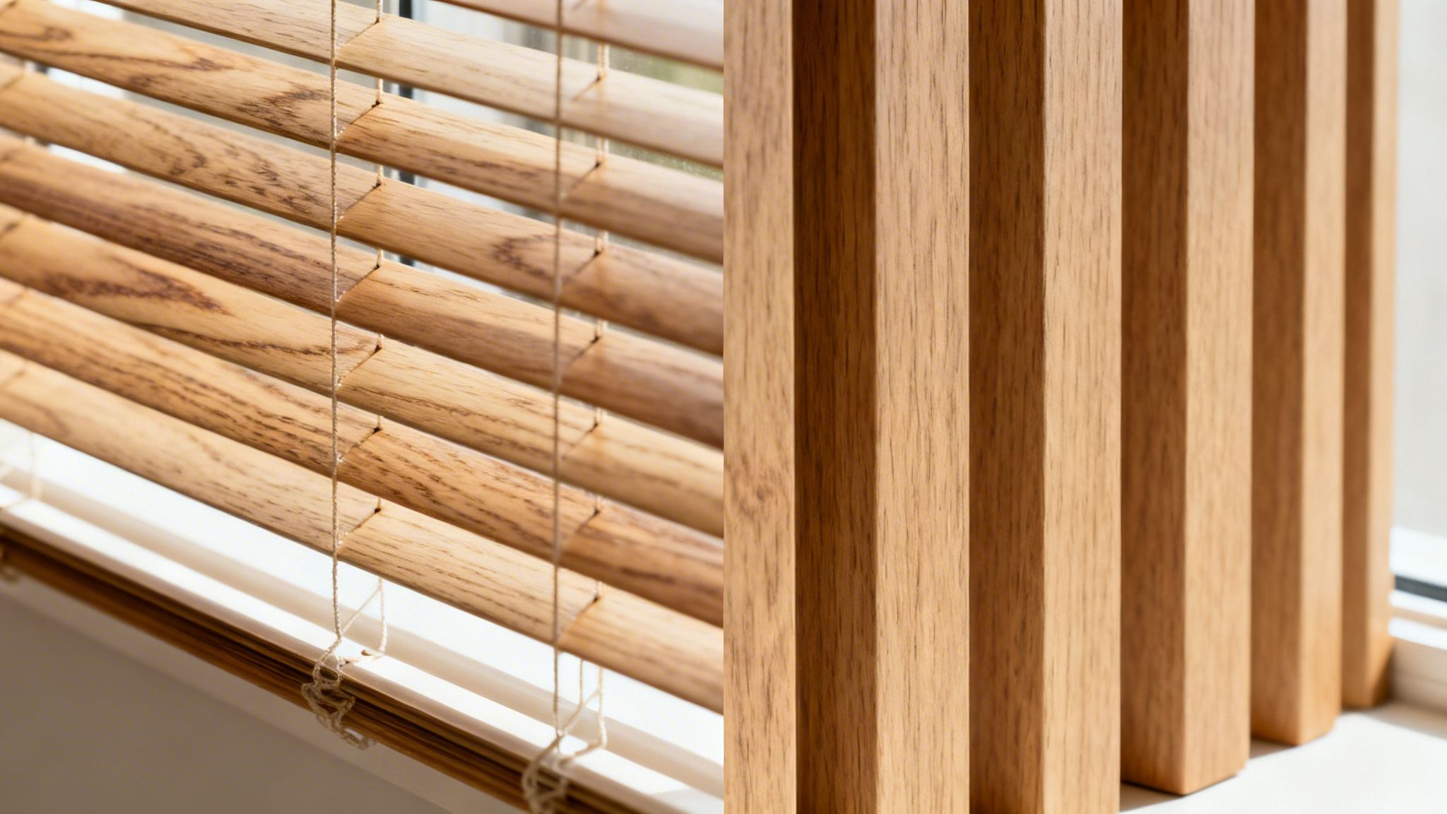 close-up of natural wood blinds with visible grain and light filtering through the window.